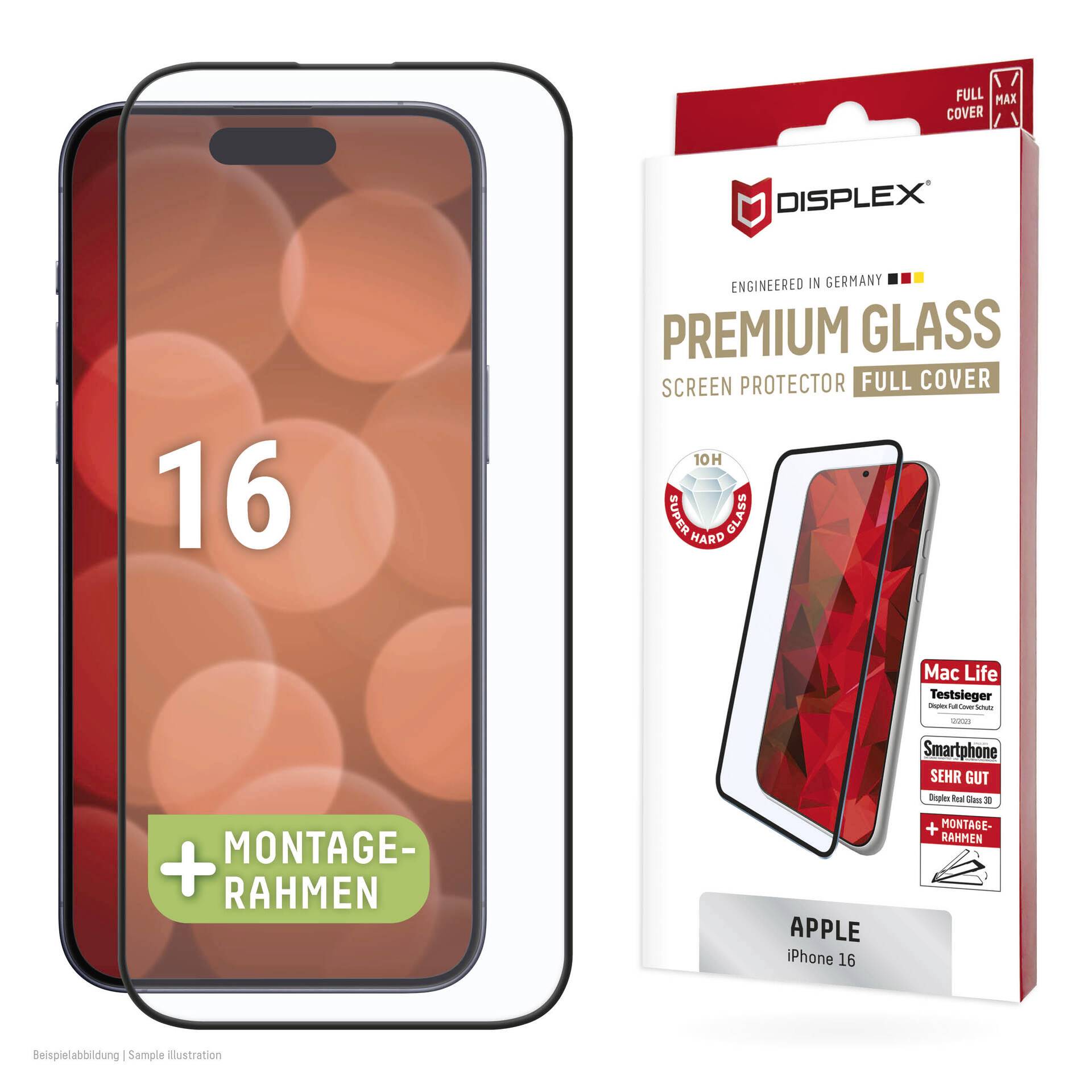 Promobillede af en DISPLEX Premium Glass skærmbeskytter til Apple iPhone 16, der viser telefonen og fuldcover-beskyttelsen med installationsramme og produktkasse.