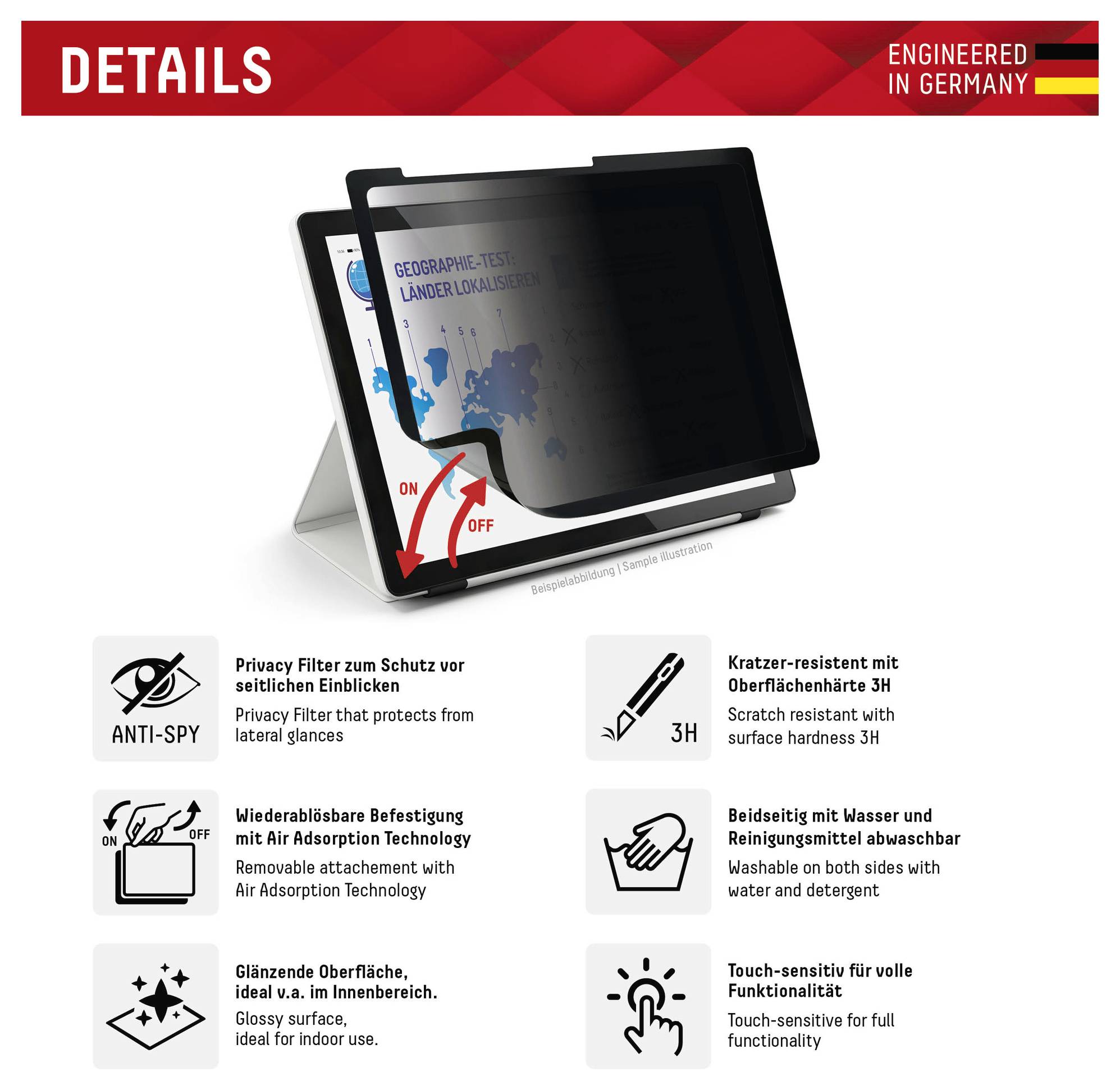 Produktdetaljer-grafik til skærmbeskytter til tablet: privatlivfilter, 3H ridseresistens, vaskbar, berøringsfølsom, blændings-reducering og luftkortlægning, mærket 'Engineered in Germany'.