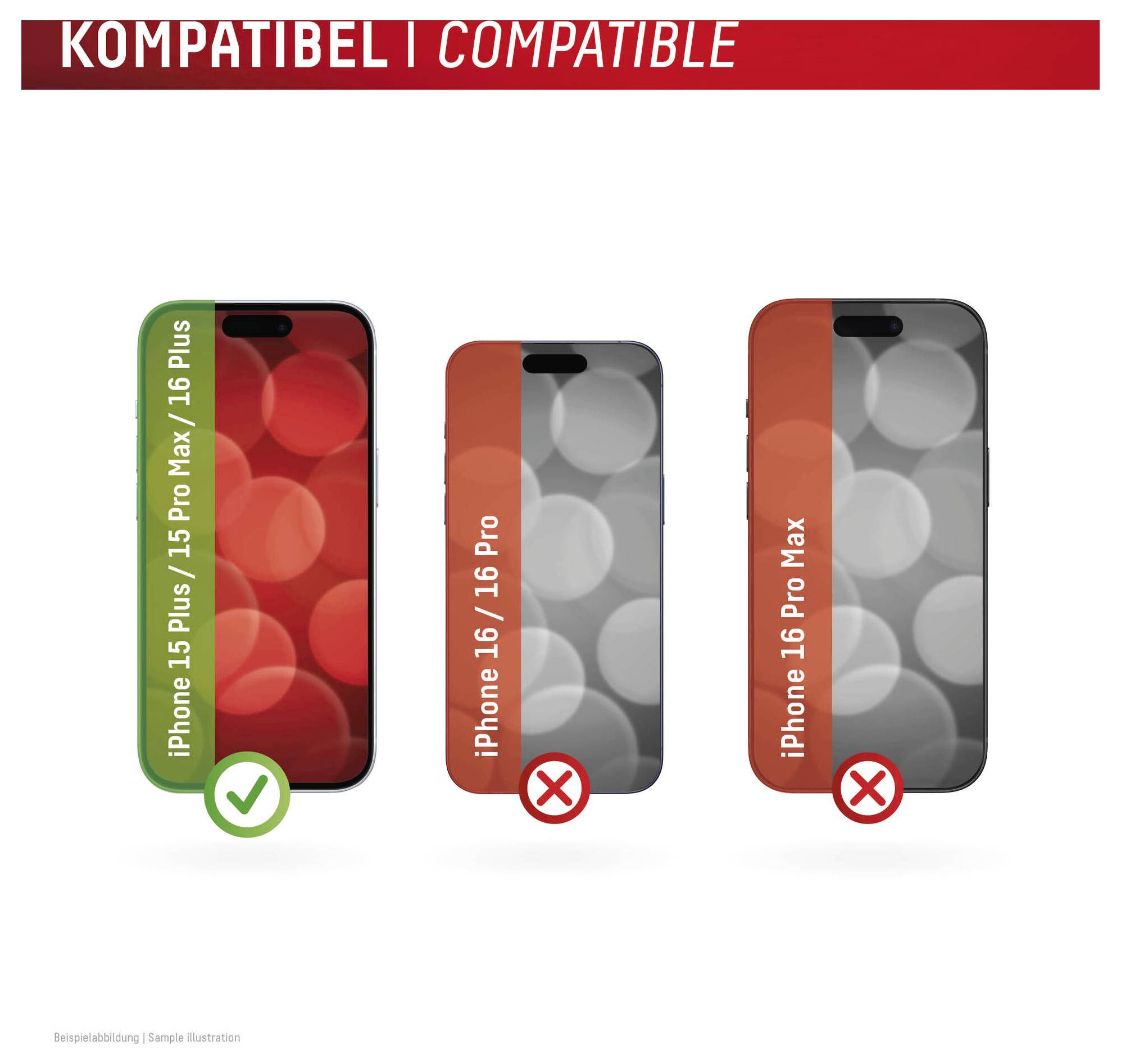 Kompatibilitetsgrafikk som viser at iPhone 15/15 Plus/15 Pro Max/16 Plus etui passer med fluebenskmark; iPhone 16/16 Pro og 16 Pro Max etui er inkompatible med X-markeringer.
