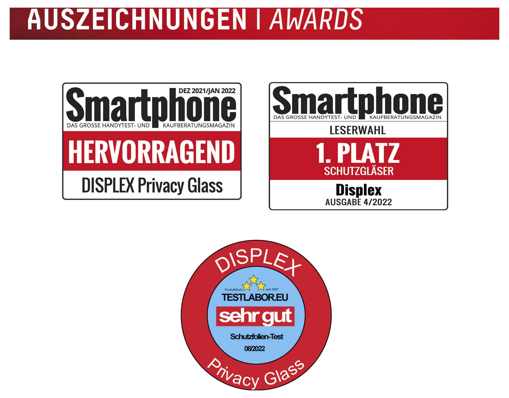 Prispris grafik, der viser Displex Privacy Glass-priser: Smartphone magazine 'HERVORRAGEND', '1. PLATZ SCHUTZGLÄSER', og et 'sehr gut' testsæl.