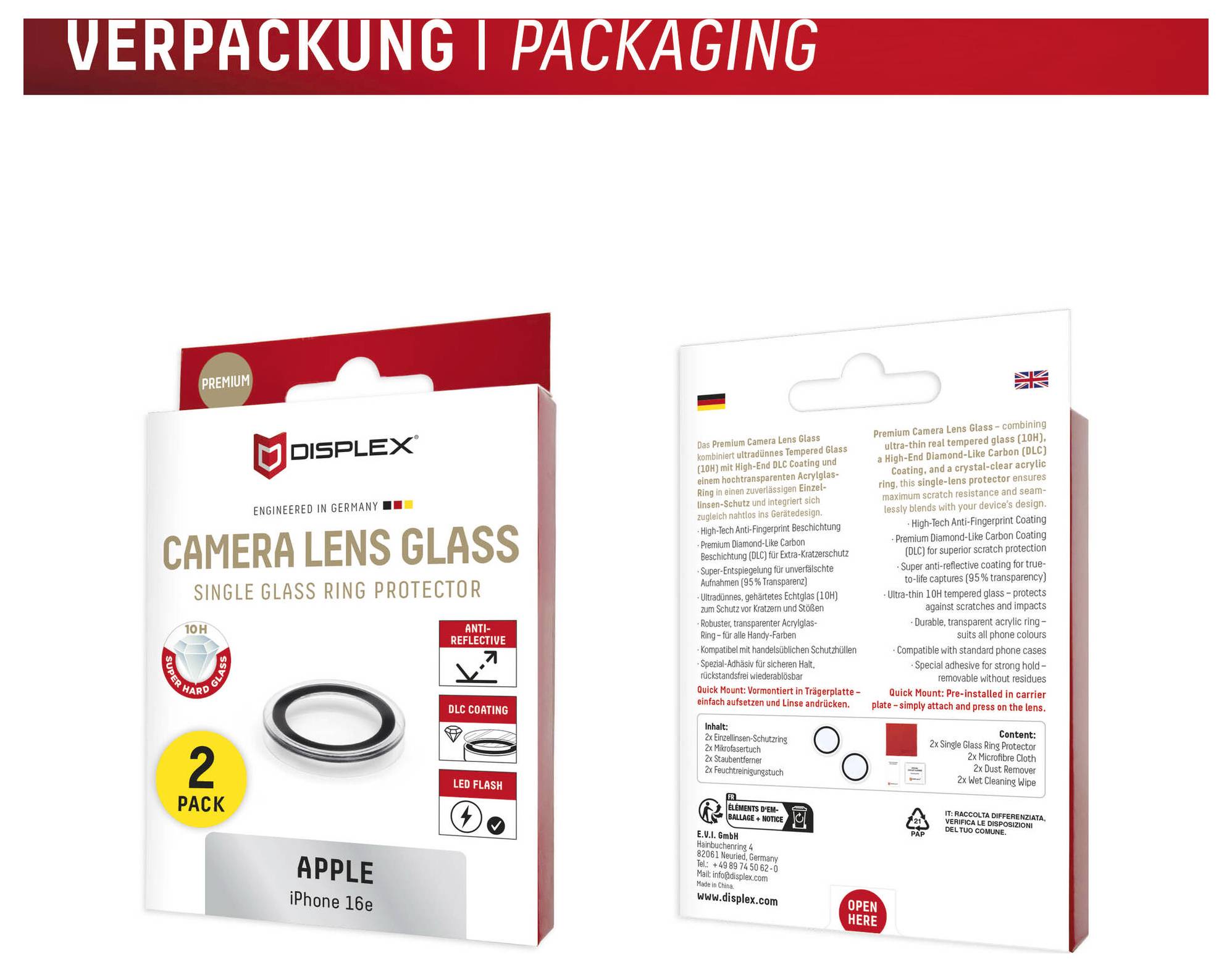 Produktemballage til Displex kameralinseglas, en 2-pakke enkelt glassring-beskytter til Apple iPhone 16e, vist forfra og bagfra.
