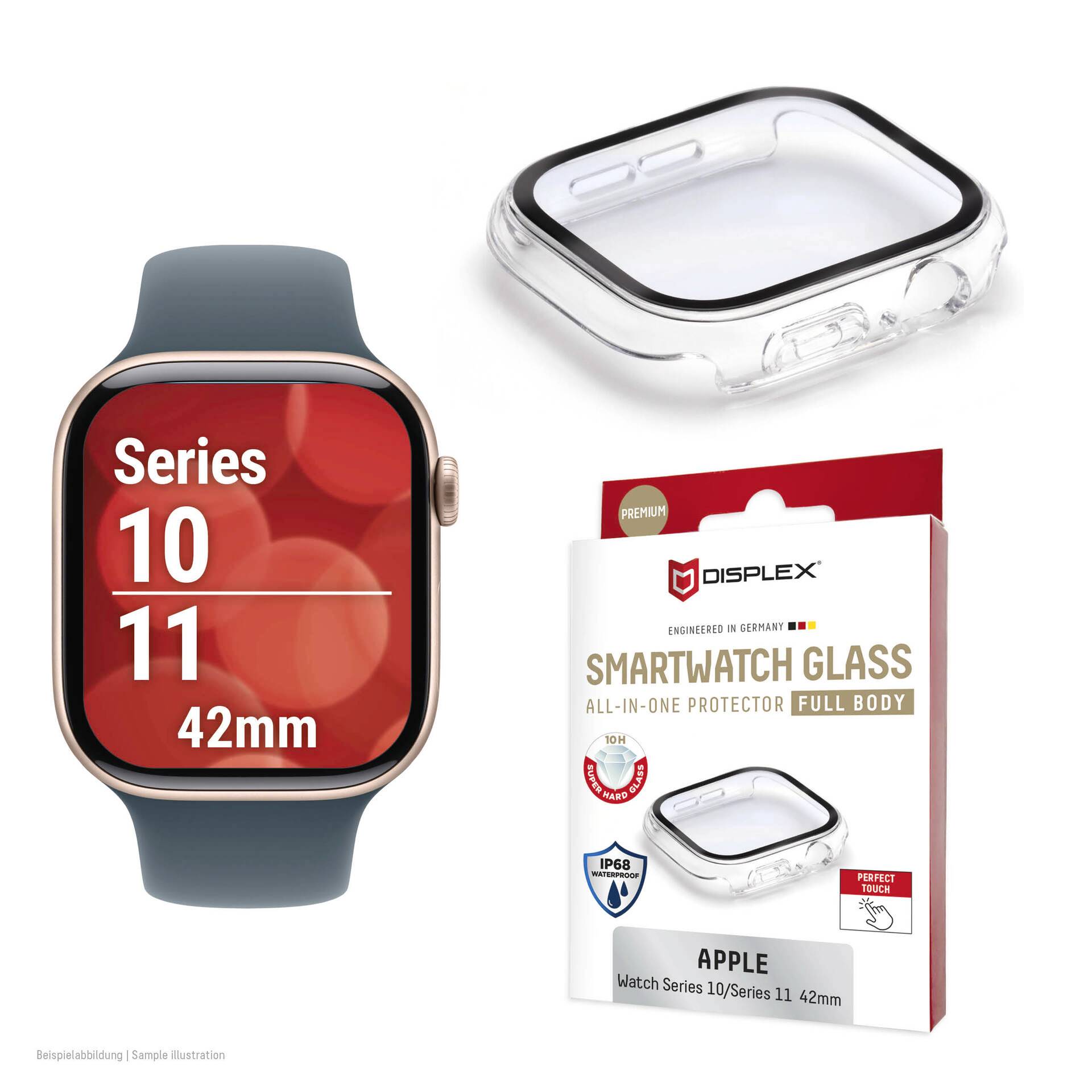 Apple Watch Series 10/11 42mm med klar fuldskærm smartwatch glasprot ektør og detailoppakning vist.