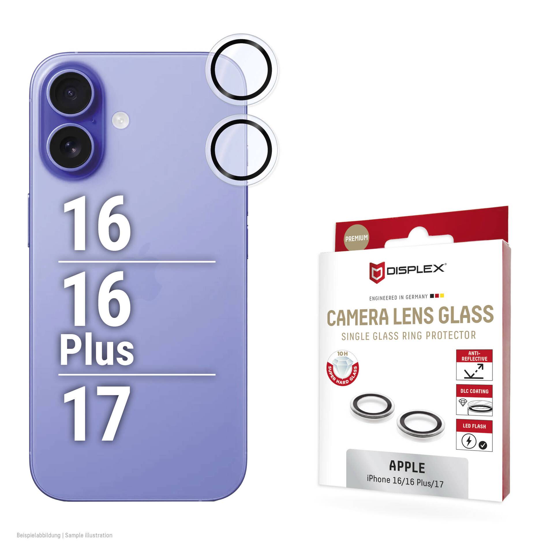 Blå iPhone-bagside med fremhævede kamerahuller ved siden af en DISPLEX-kameralinseglas-ringbeskytter-pakke til Apple iPhone 16/16 Plus/17.