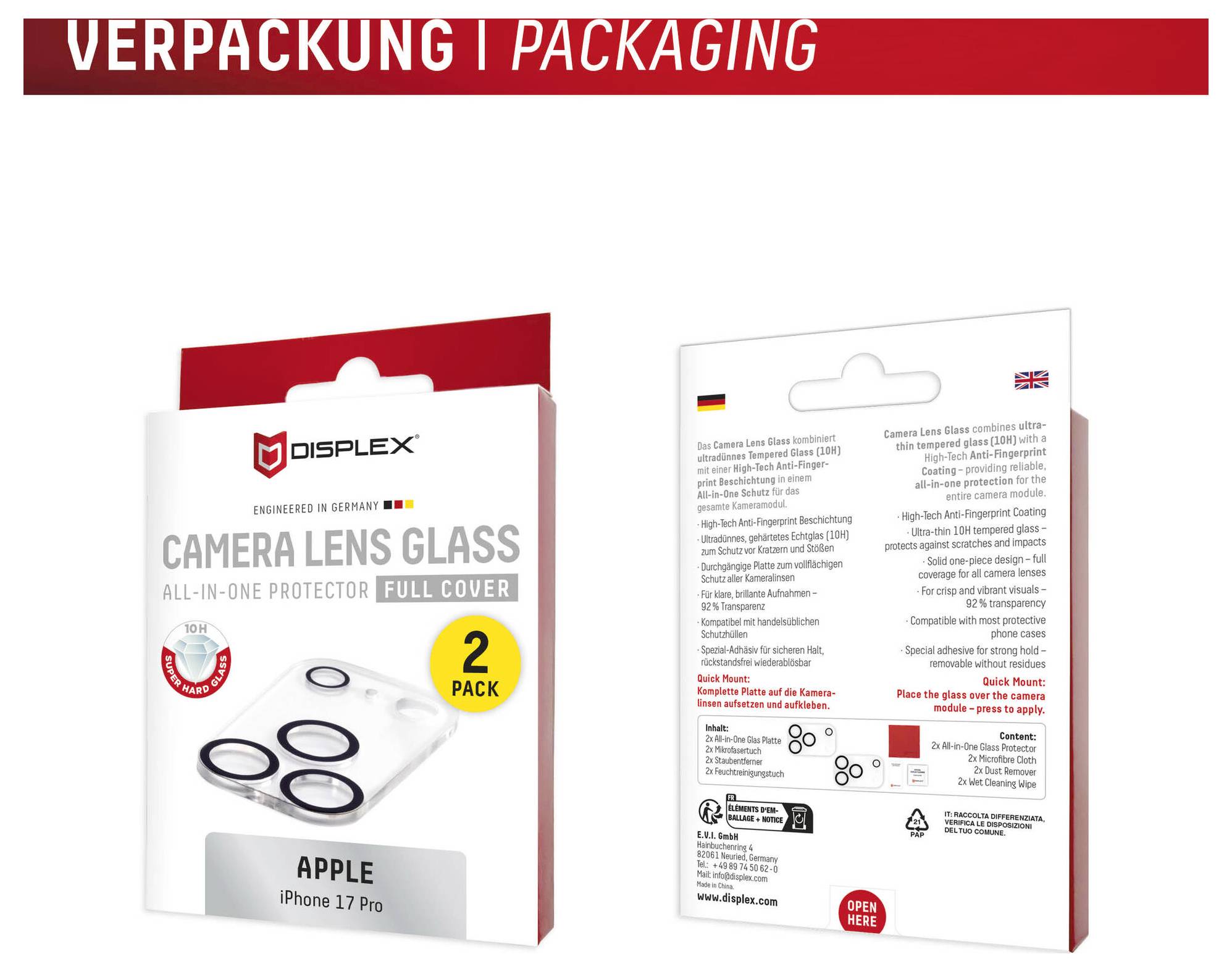 DispleX kameralinseglaspakning vist for og bag, mærket 'Kameralinseglas', 'Alt-i-en beskytter', 'Fuld dækning', '2 pakke' til Apple iPhone 17 Pro.