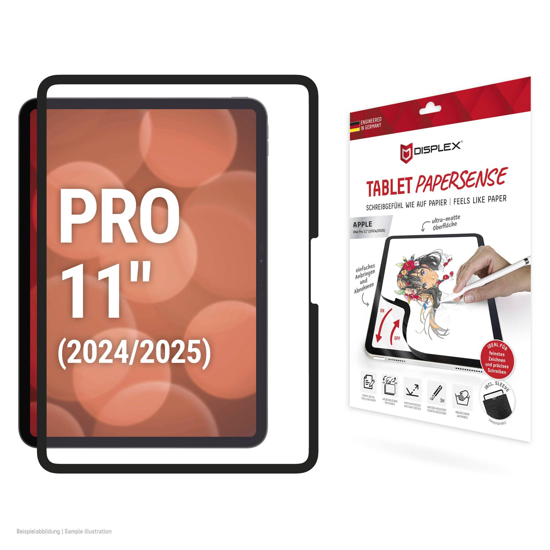 Skærmbeskytter til iPad Pro 11-tommer (2024/2025), vist som to sorte tablet-omrids og en produktpakke mærket 'Tablet Papersense' med tegneformål.