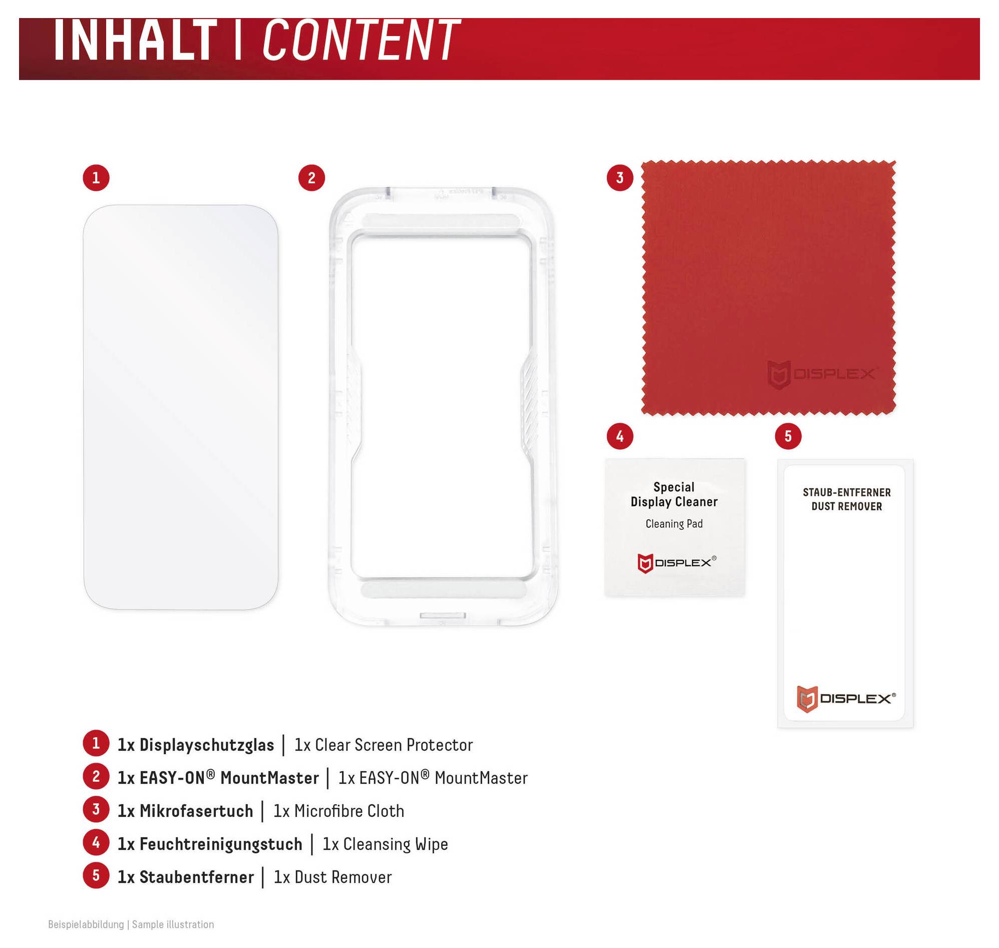 Illustration af skærmbeskytter-kit indhold: glaspanel, monteringsramme, rødt mikrofiber-klud, rensepude, og støvfjerner, mærket på dansk og tysk.