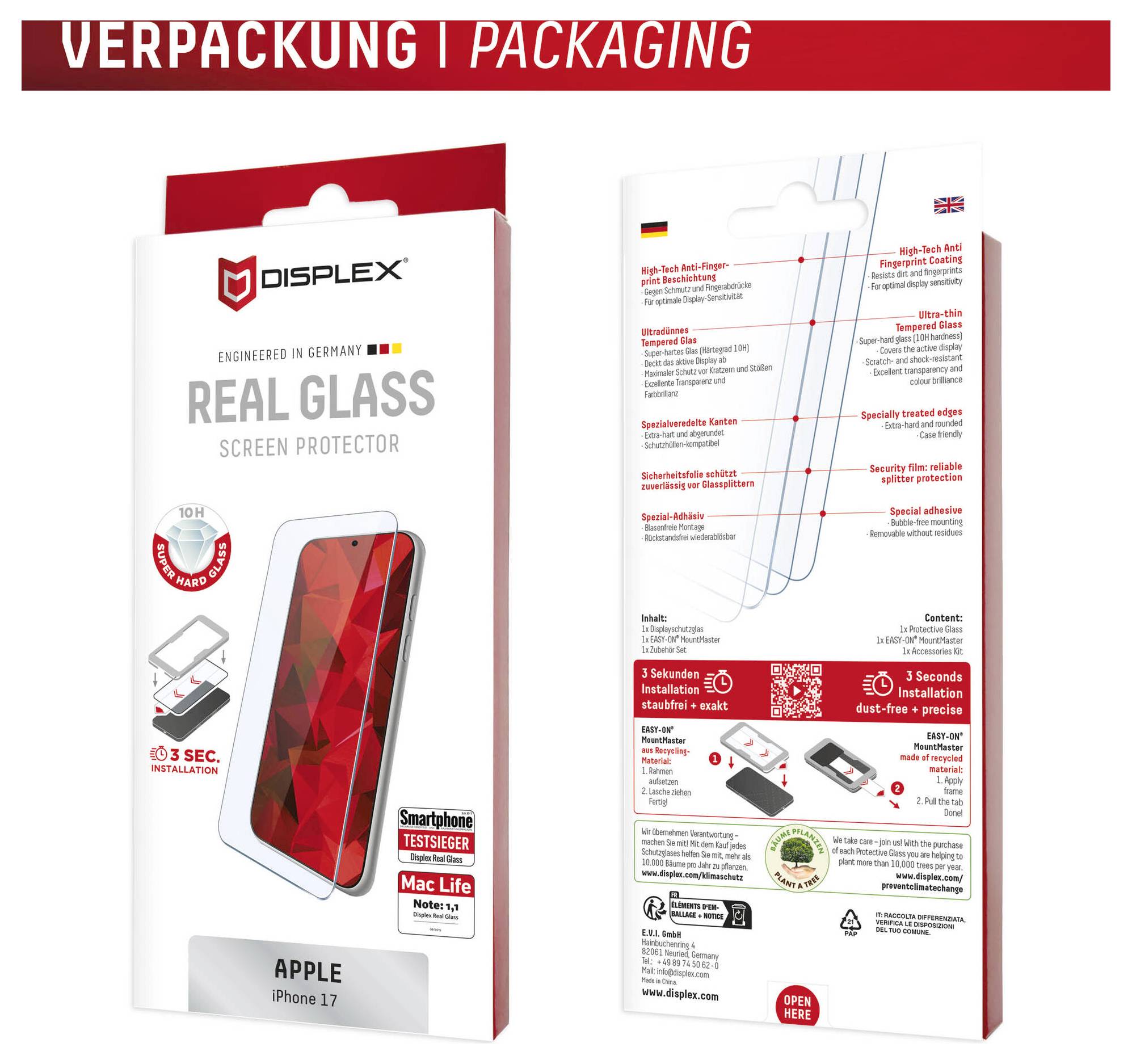 Emballage til DISPLEX Real Glass skærmbeskytter til Apple iPhone 17, vist for og bag med produktfunktioner og installationsvejledning.
