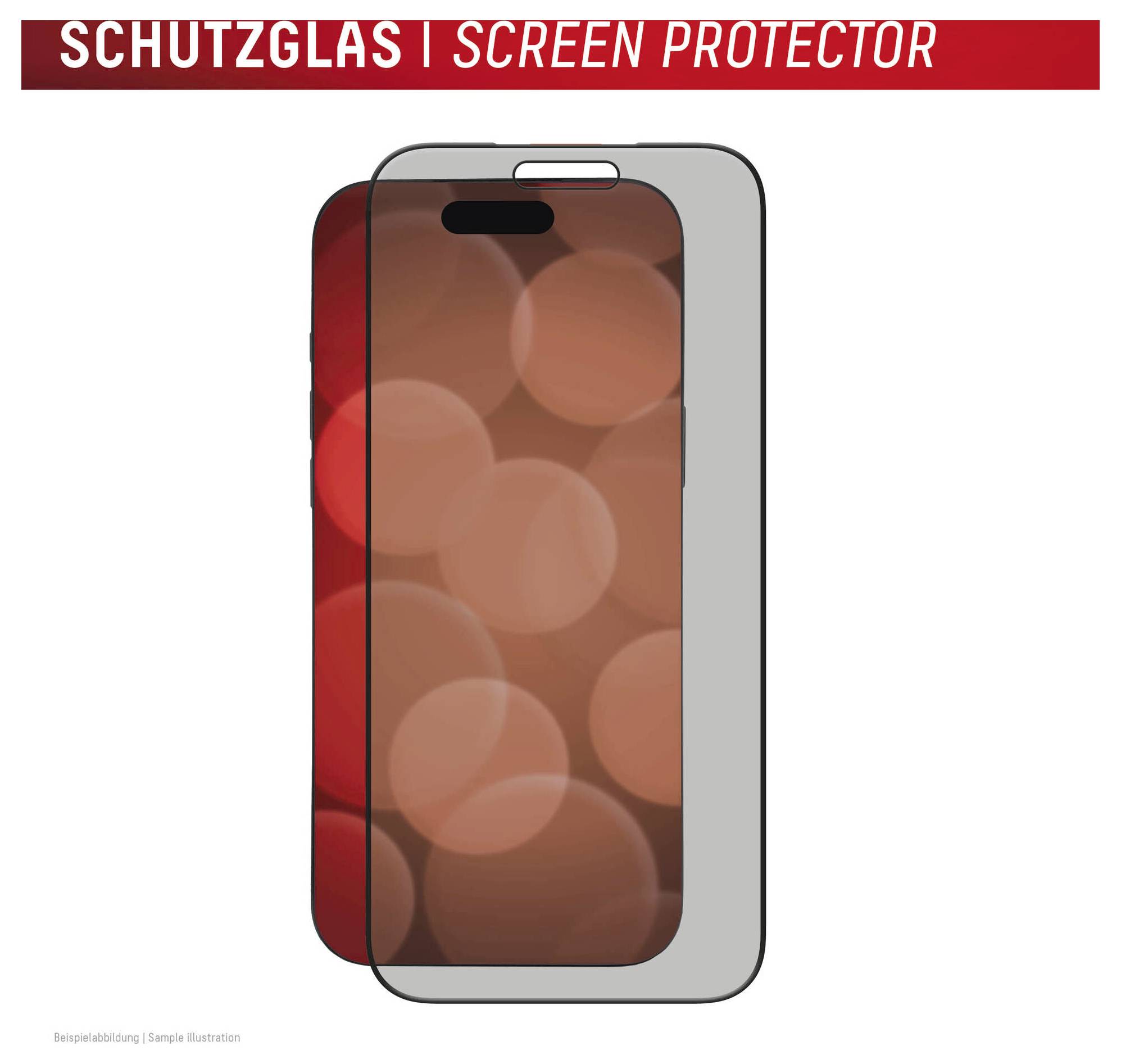 Illustration af en smartphone med en skærmbeskytter mærket 'SCHUTZGLAS | SCREEN PROTECTOR', der viser beskytteren monteret over telefonens display.