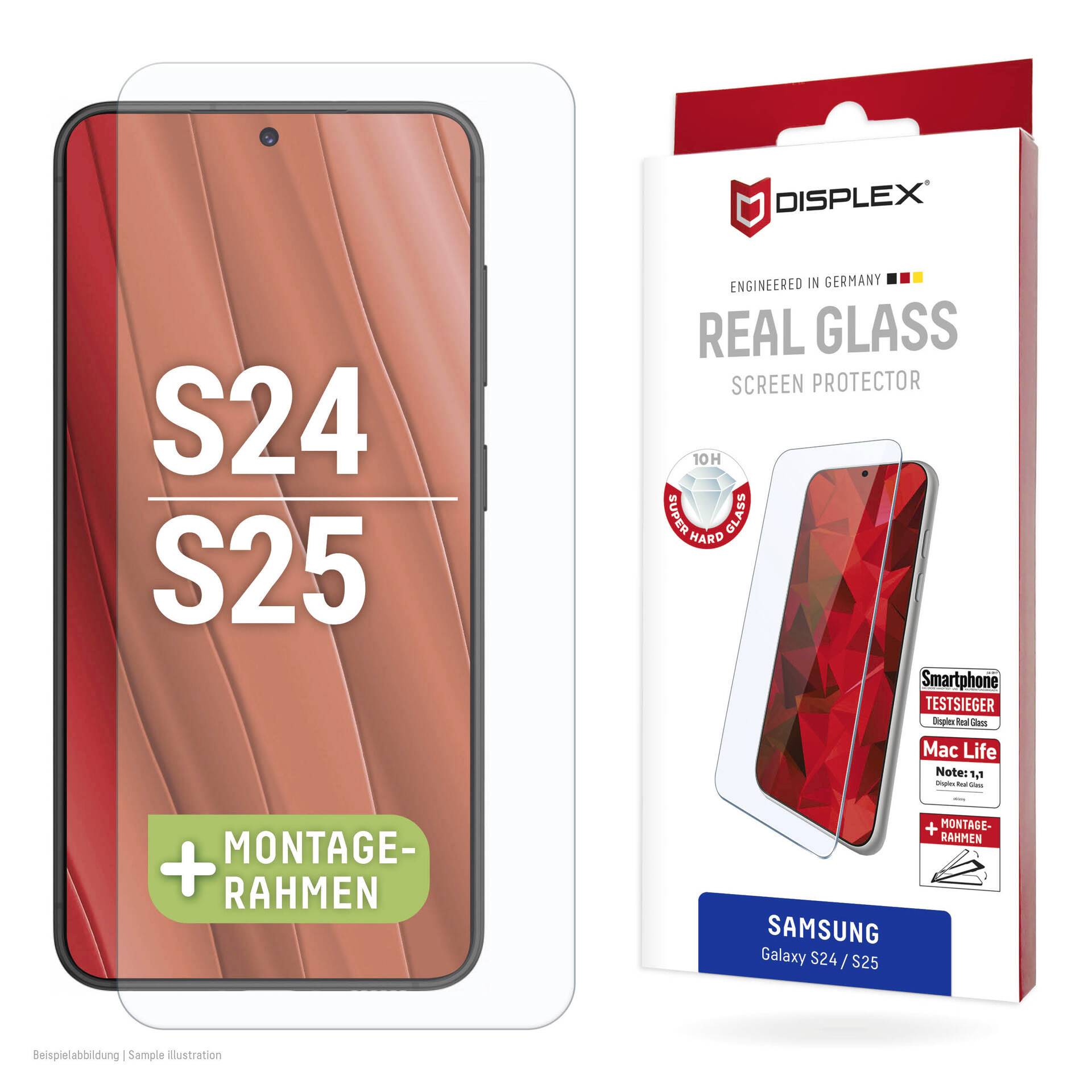 Emballage til Displex Real Glass skærmbeskytter til Samsung Galaxy S24/S25, vist med en telefonmokup og installationsramme.