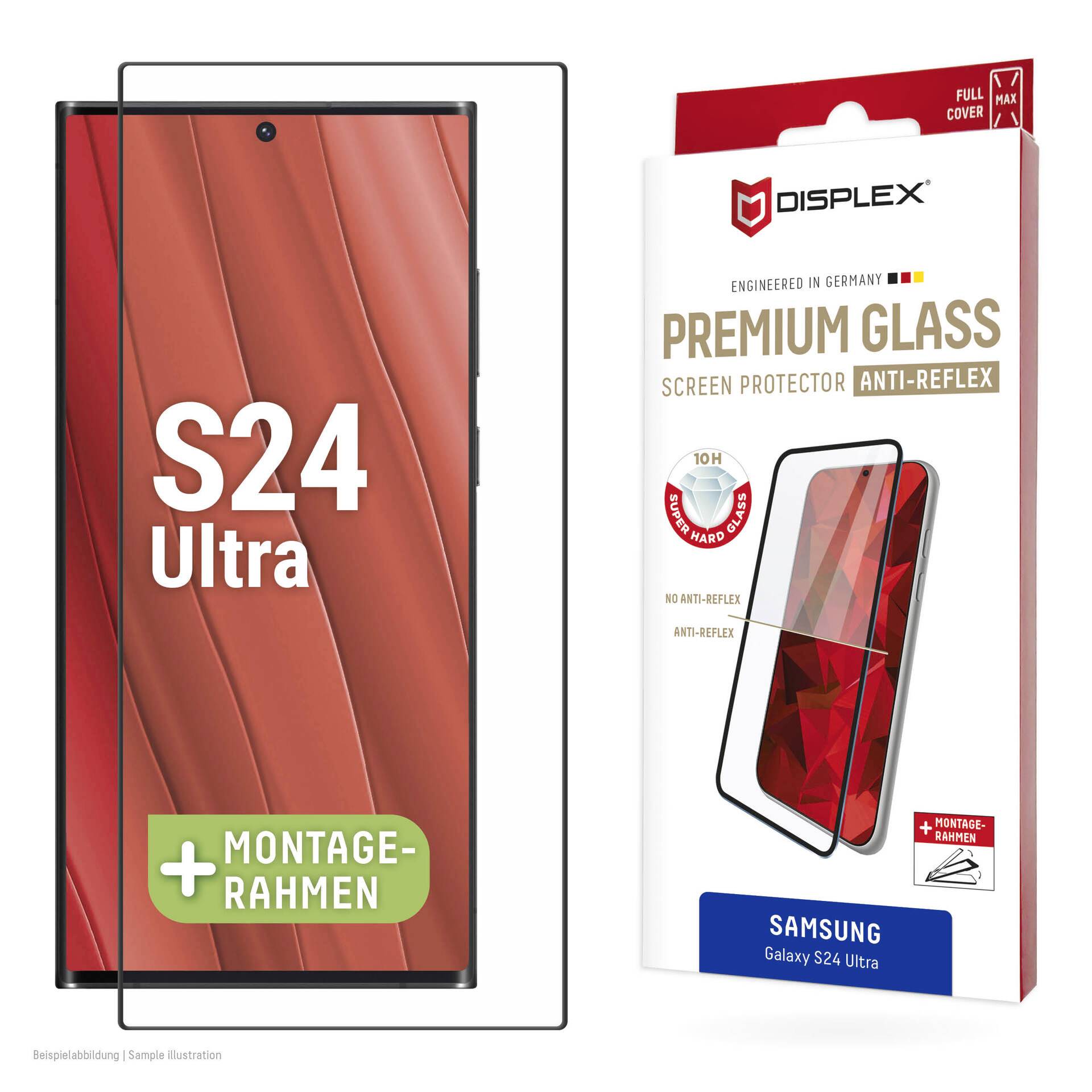 Produktbillede af Samsung Galaxy S24 Ultra skærmbeskyttelse pakkeringudstyr og installationsramme, mærket 'Premium Glass Screen Protector Anti-Reflex' af Displex.