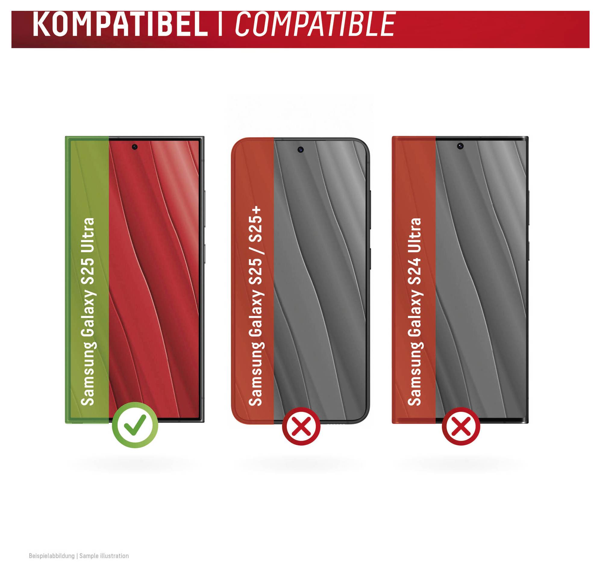 Kompatibilitetsgrafik viser, at Samsung Galaxy S25 Ultra er kompatibel, mens Galaxy S25/S25+ og Galaxy S24 Ultra ikke er kompatible.