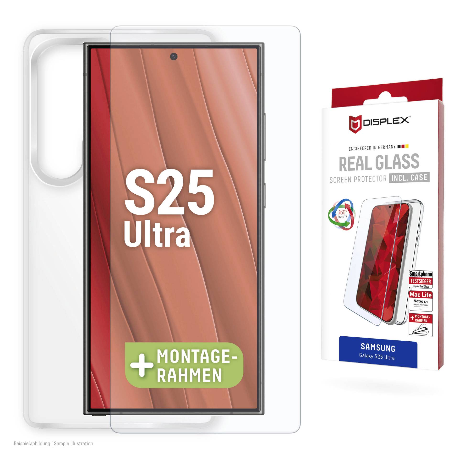 Samsung Galaxy S25 Ultra skærmbeskytter med installationsramme, vist i pakning ved siden af en telefonmodel.