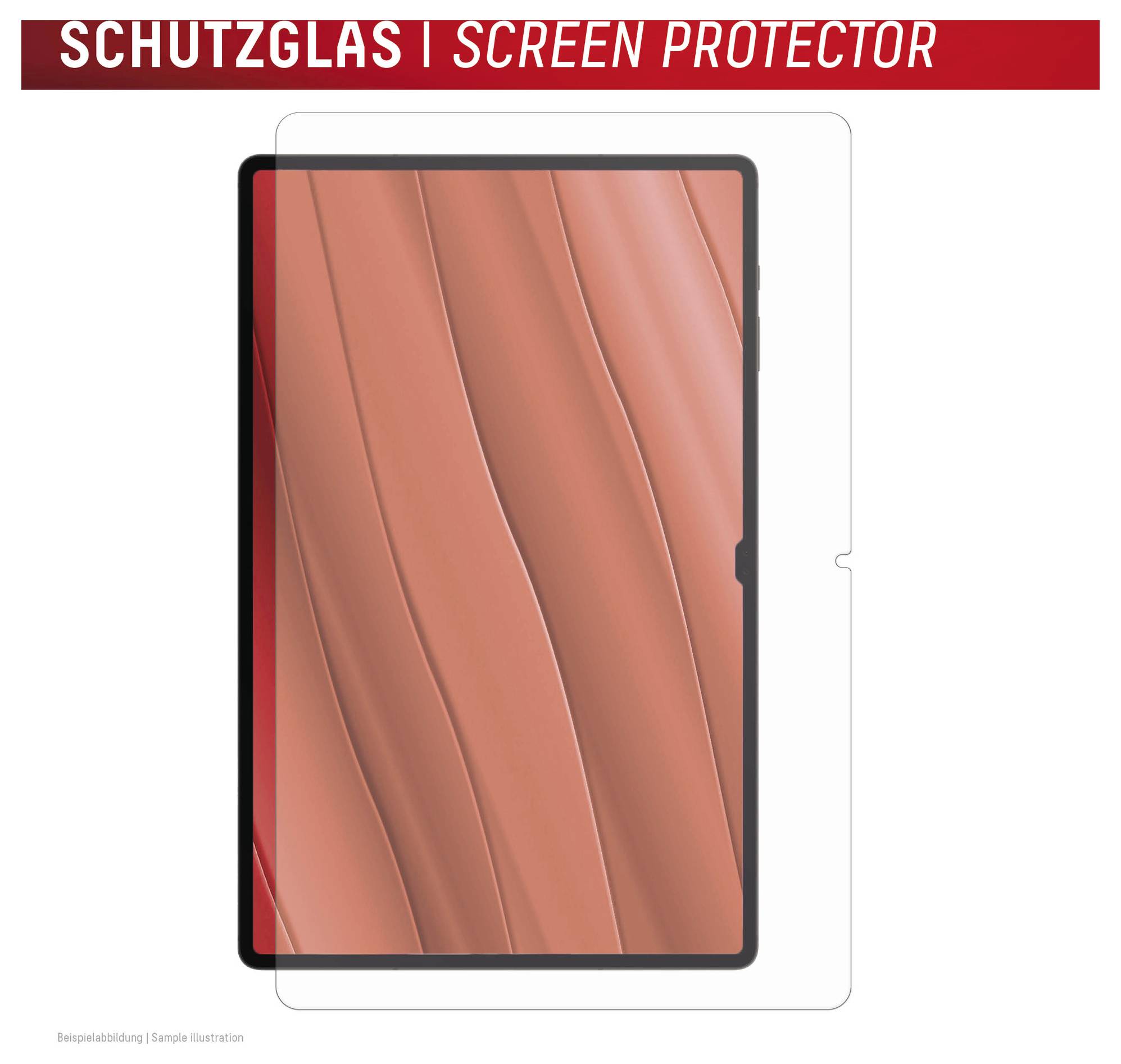 Skærmbeskyttelse pakkeemballage, der viser et smartphoneskærmbeskyttelsesfilm, mærket "SCHUTZGLAS | SCREEN PROTECTOR" øverst.