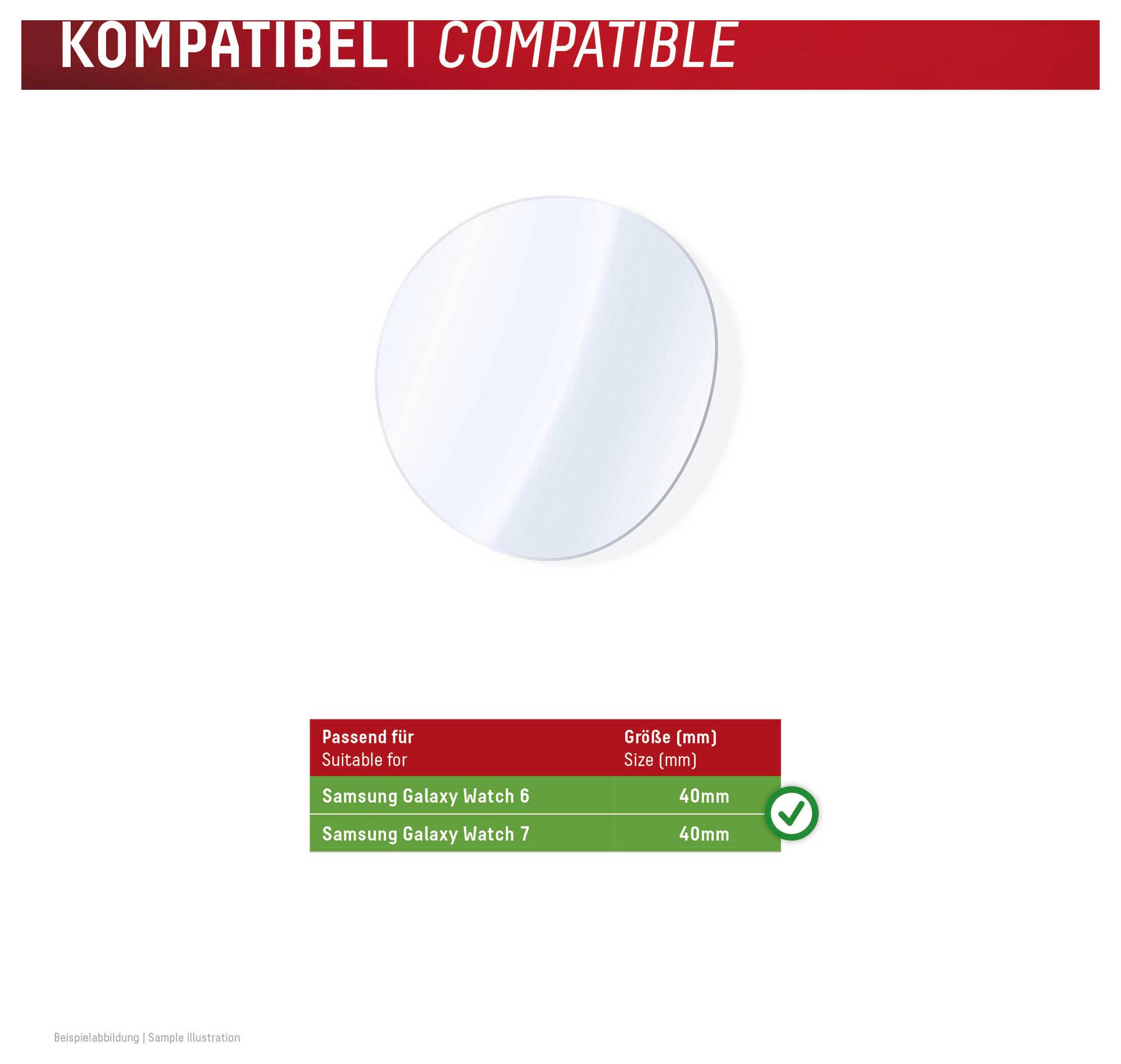 Kompatibilitetsgrafik, der viser en rund skærmbeskytter til ur; egnet til Samsung Galaxy Watch 6 og Galaxy Watch 7, begge 40 mm.