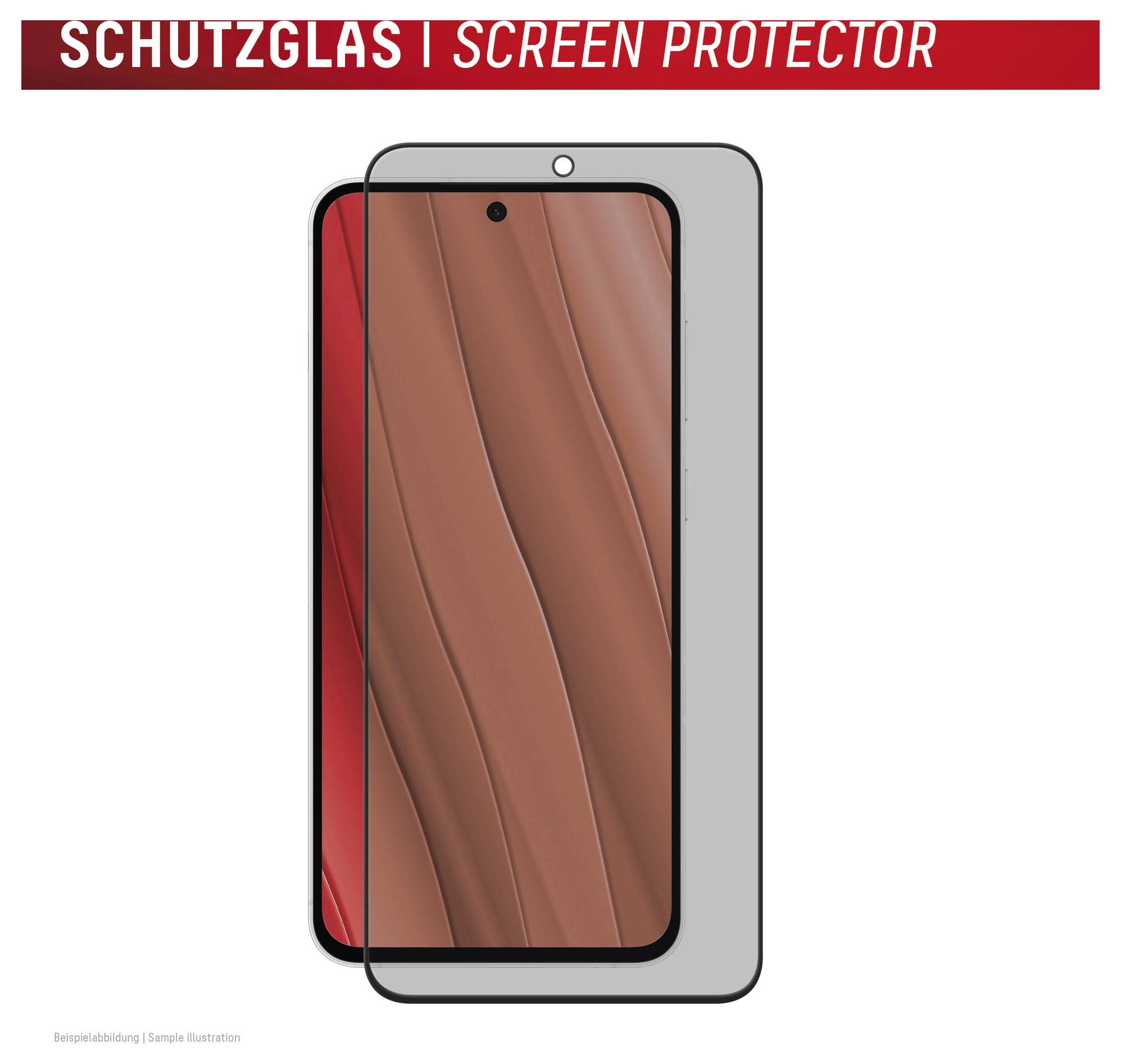 Illustration af en smartphone-skærmbeskytter mærket 'SCHUTZGLAS | SCREEN PROTECTOR' over en telefonsk display