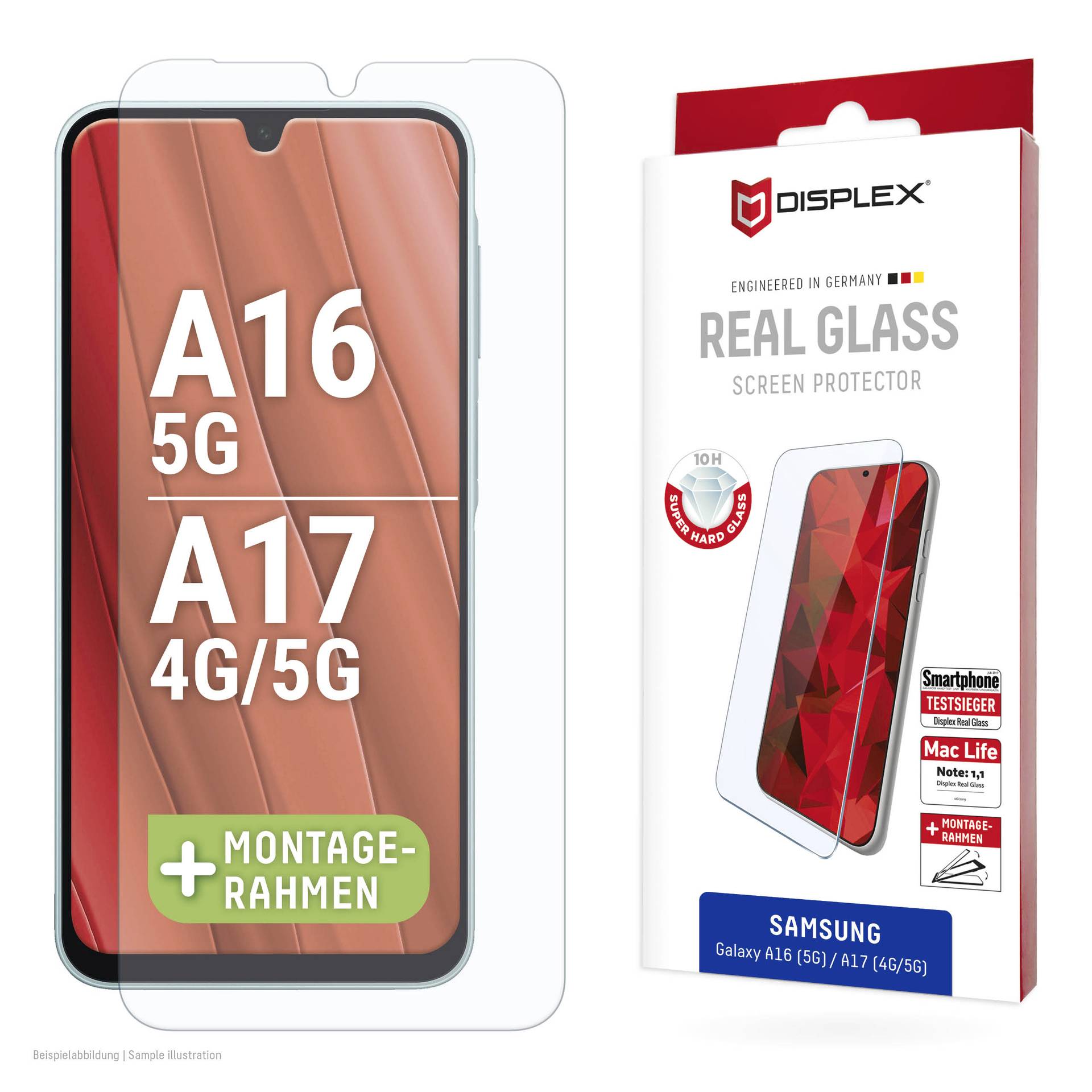 Displex Real Glass skærmbeskytter til Samsung Galaxy A16/A17, der viser en telefon med A16 5G og A17 4G/5G kompatibilitet.