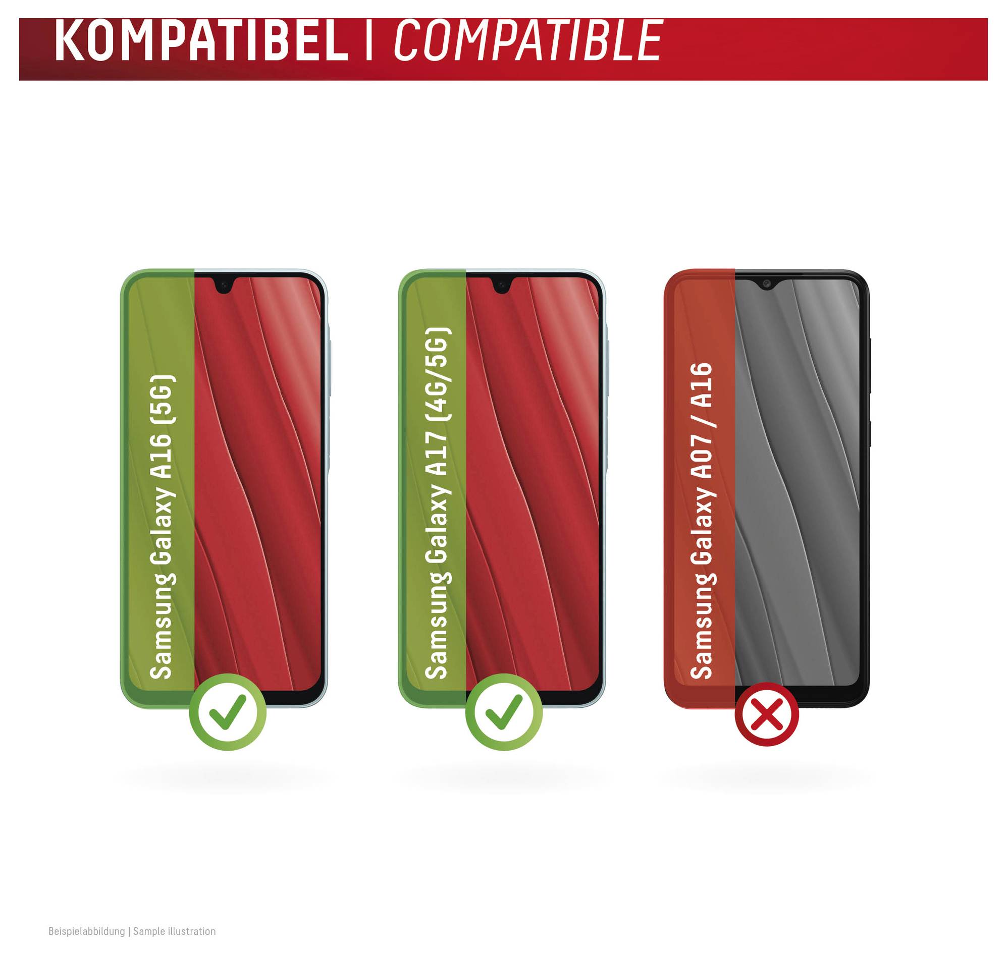 Kompatibilitetsgrafik, der viser to godkendte telefoner, 'Samsung Galaxy A16 [5G]' og 'Samsung Galaxy A17 [4/5G]', og en ikke-understøttet telefon, 'Samsung Galaxy A07 / A16'.