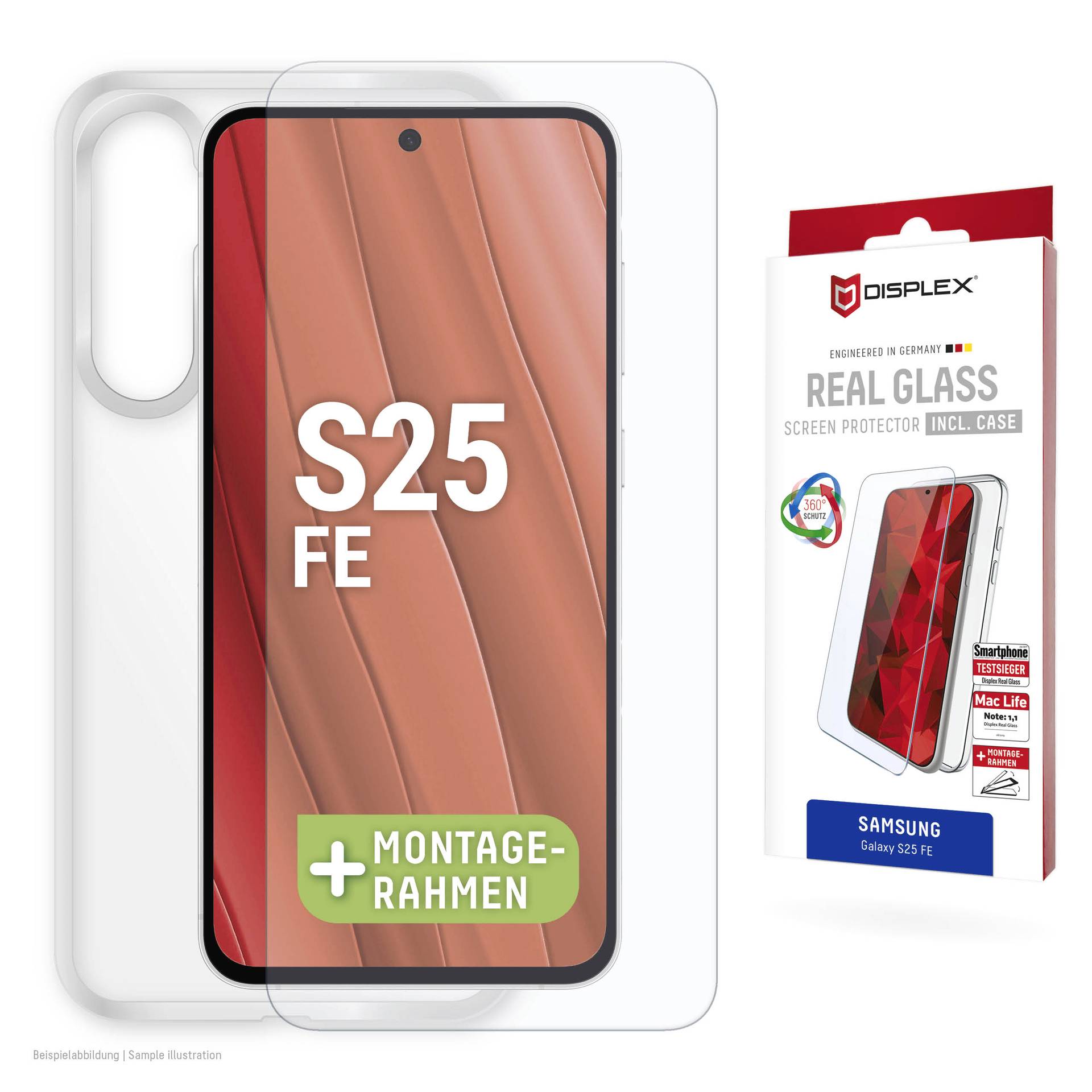 Samsung Galaxy S25 FE skærmbeskytter med medfølgende etui vist i klar emballage, med en rød telefonmokup og 'Montage-Rahmen' etiket.