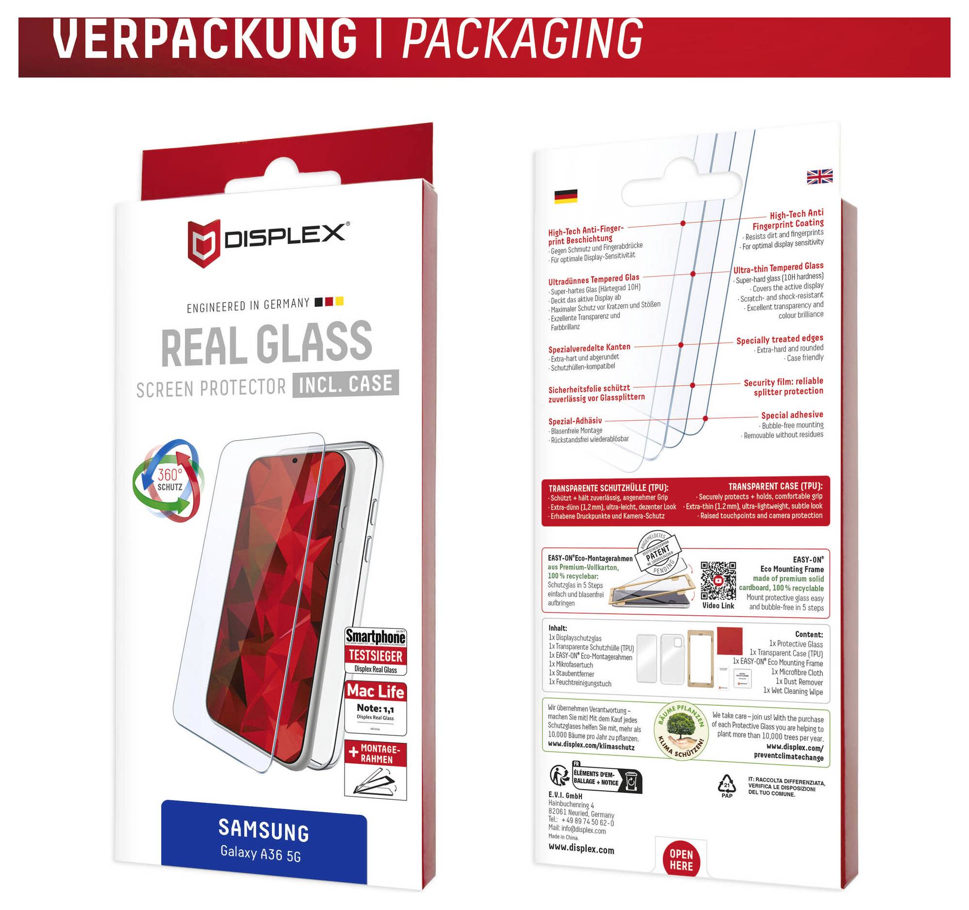 DISPLEX Real Glass skærmbeskytter emballage til Samsung Galaxy A35 5G, viser forsiden og bagsiden af kassen med produktfunktioner og multilingvale etiketter.