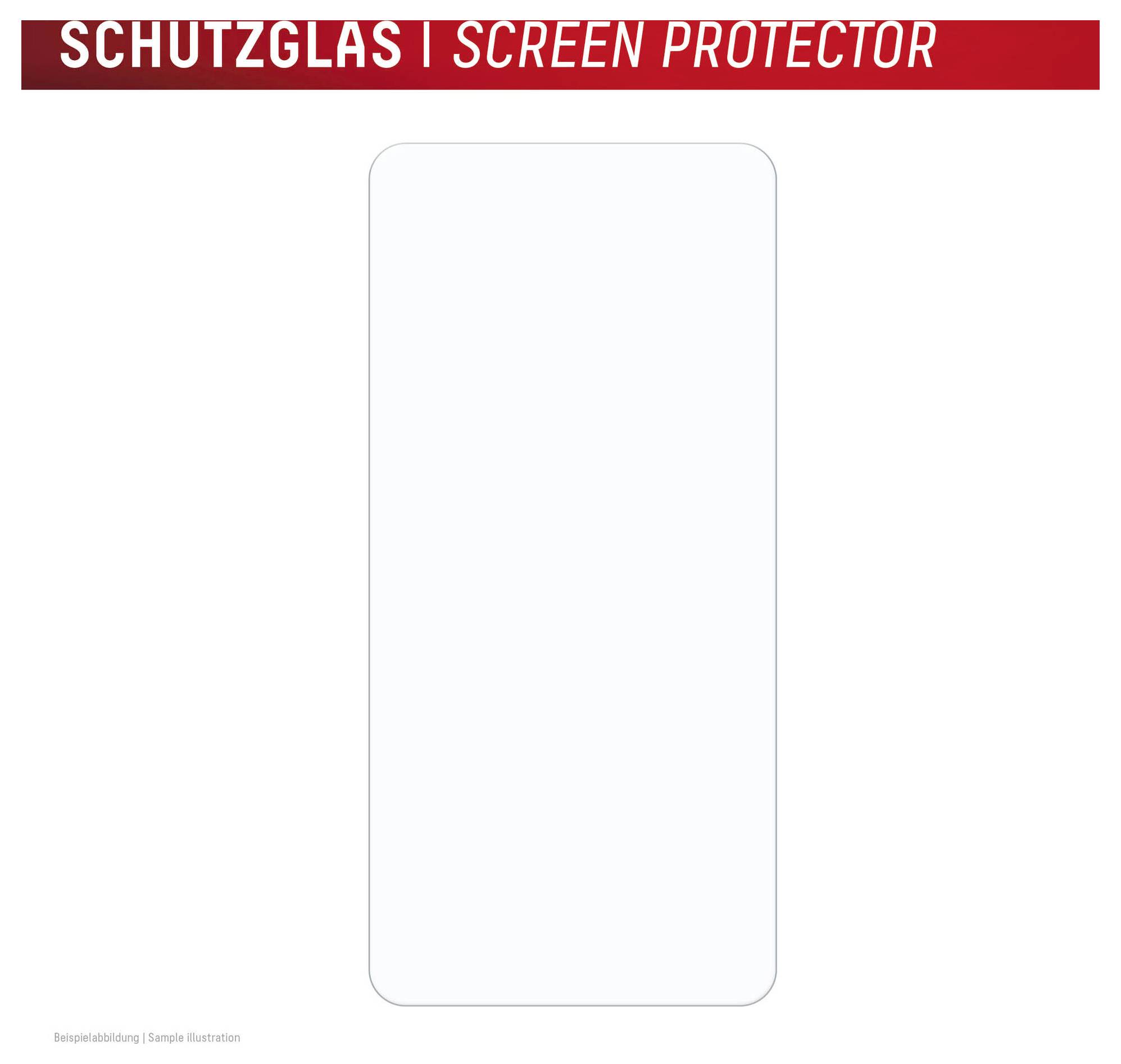 Skærmbeskyttelse illustration viser et klart telefonlignende glaspanel mærket "SCHUTZGLAS | SCREEN PROTECTOR" på en hvid baggrund.