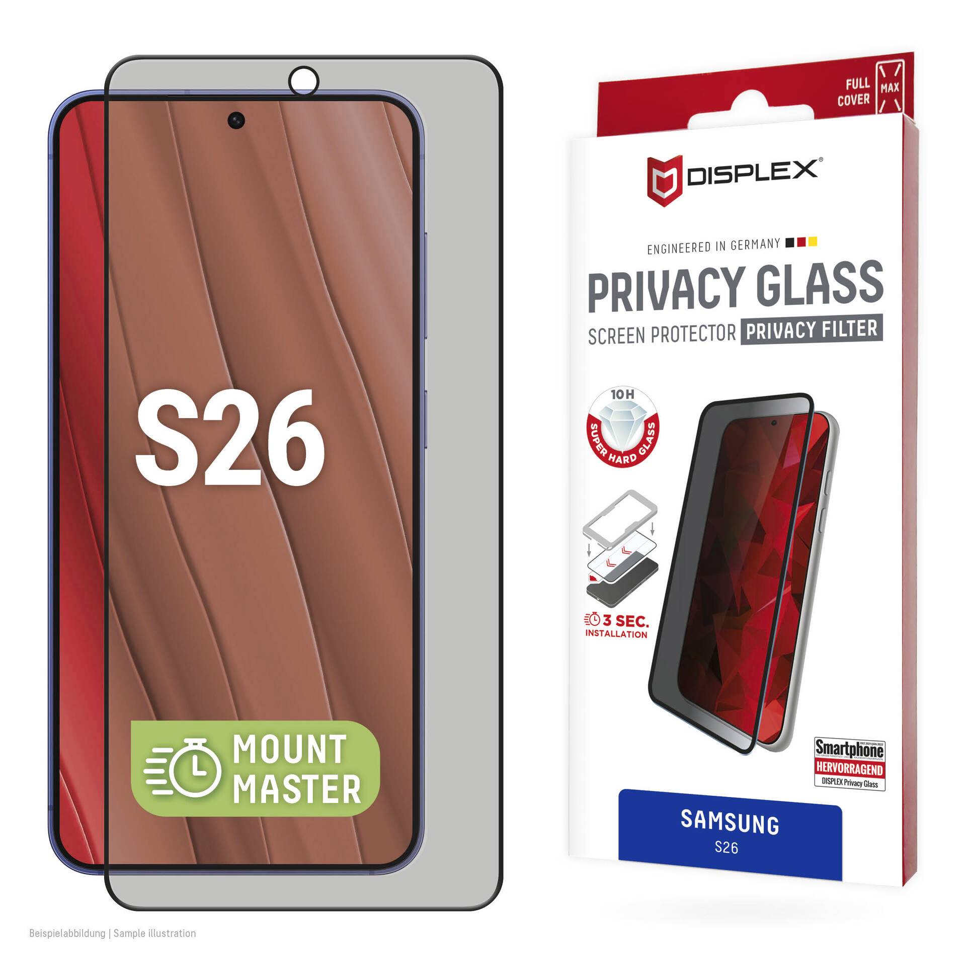 Samsung S26 telefon skærmbeskytter pakke mærket Displex Privacy Glass og Mount Master, der viser en telefon med monteret privacy glass og produktkassen.