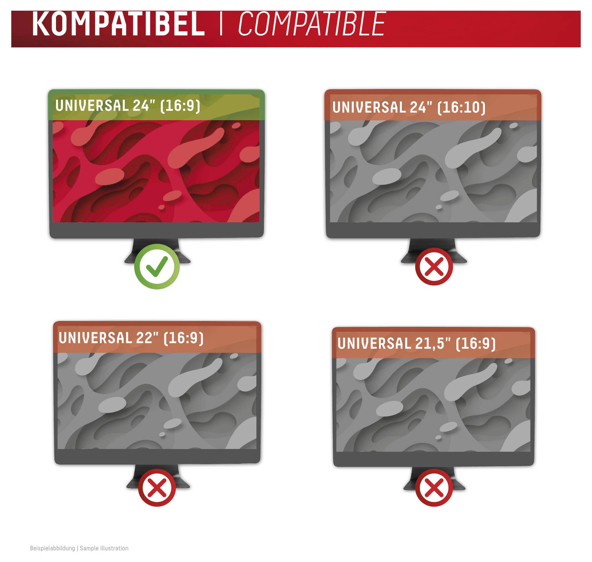 Kompatibilitetsskema, der viser skærmforhold: kun Universal 24' (16:9) er markeret som kompatibel med et grønt flueben; 24' (16:10), 22' (16:9) og 21.5' (16:9) er markeret som inkompatible med røde krydser.