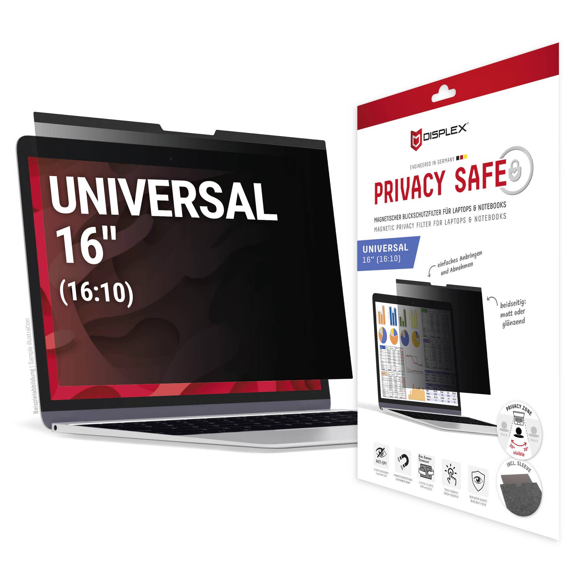 Produktbillede af et univerelt 16-tommer (16:10) Privacy Safe-skærmfilter til bærbare computere og noteboogs, vist på en bærbar computer og detailhandelsforsendelse.