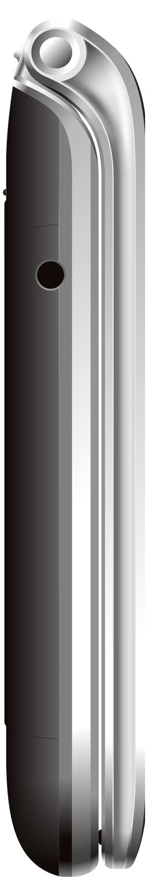 Nærbillede af en sølvglinsende metalgenstand med en afrundet top og et cirkulært hul tæt ved øverste venstre hjørne, set lodretsrettet mod en hvid baggrund.