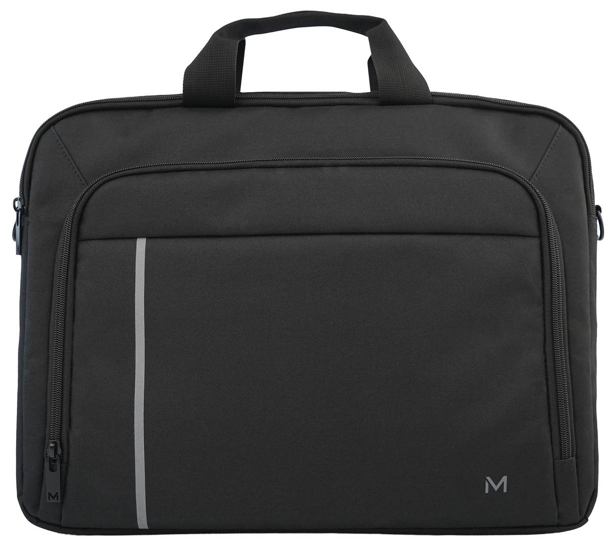 Sort laptopkuffert med tophandle, frontlomme med lynlås, lodret reflekterende stribe og lille 'M'-logo på hvid baggrund.