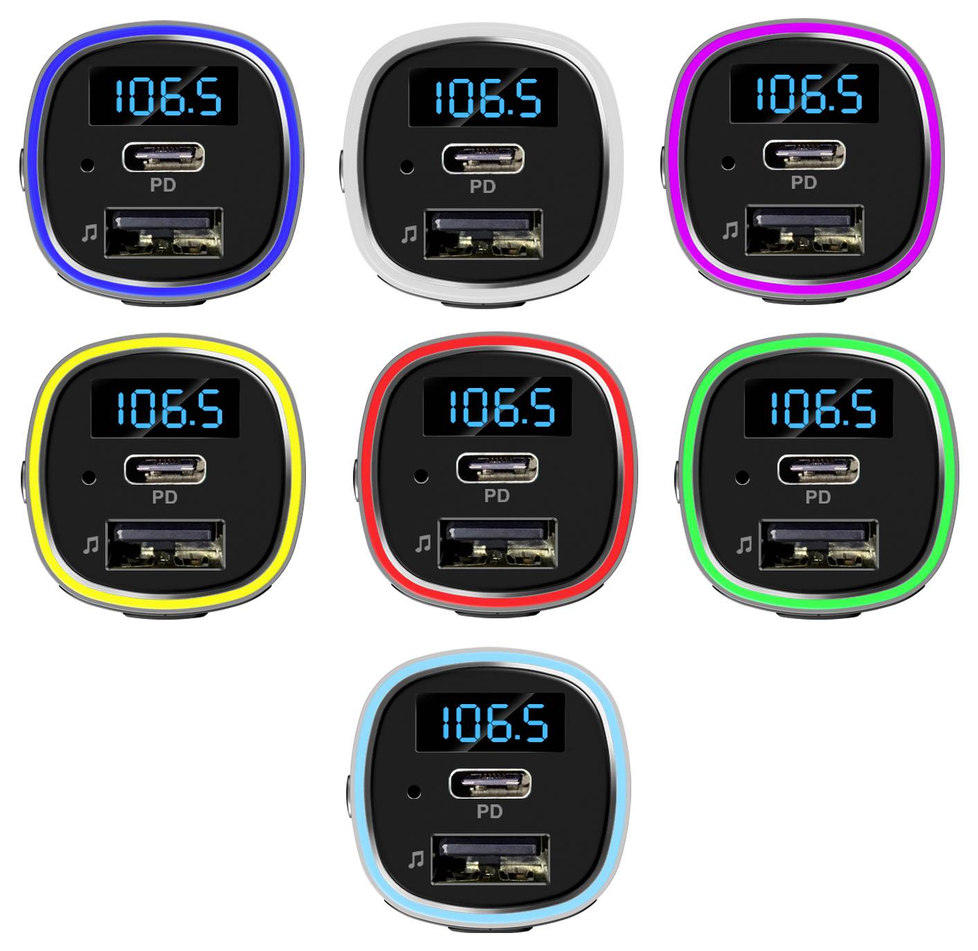 Syv farvevariananer af en biloplader med et digitalt '106,5'-display, USB-C PD-port og USB-A-port på en sort forside.