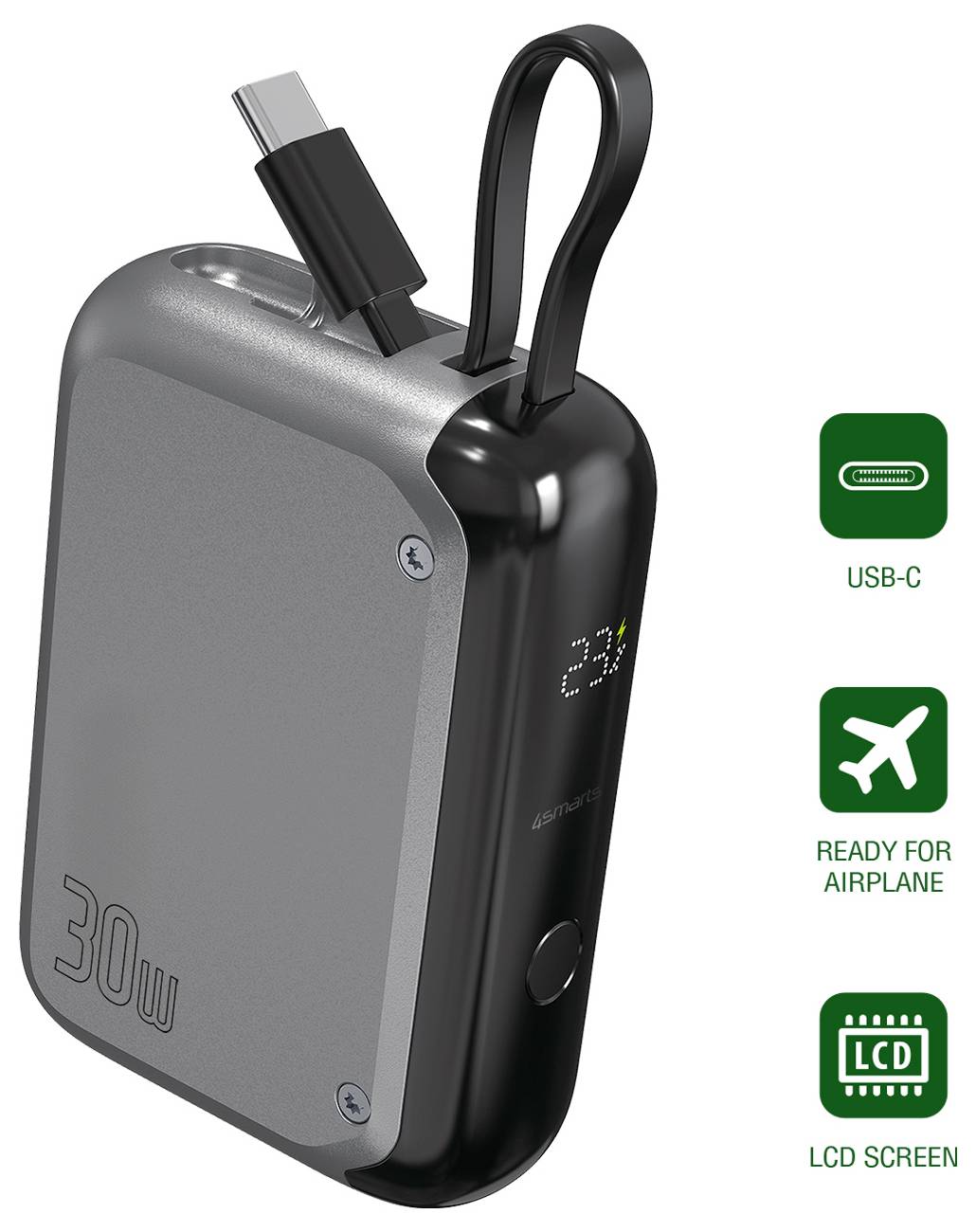 30W bærbar powerbank med integreret USB-C-kabel, LCD-batteridisplay og ikonset klar til flytilstand.