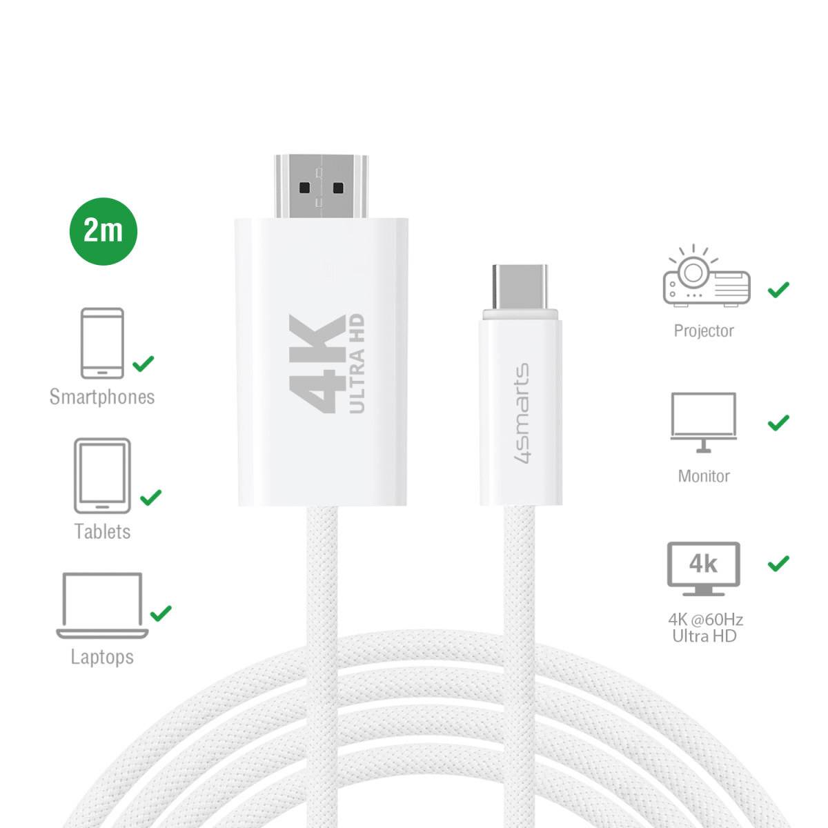4K Ultra HD USB-C-kabel, 2 m langt, kompatibelt med smartphones, tablets, bærbare computere, projektorer, monitorer og 4K@60Hz-displays.