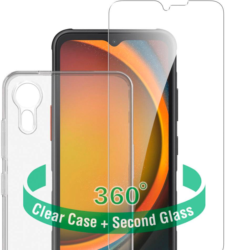 Promobillede af en smartphone med etgennemsigtigt cover og skærmbeskytter, mærket '360° klart cover + anden tempereret glas'.