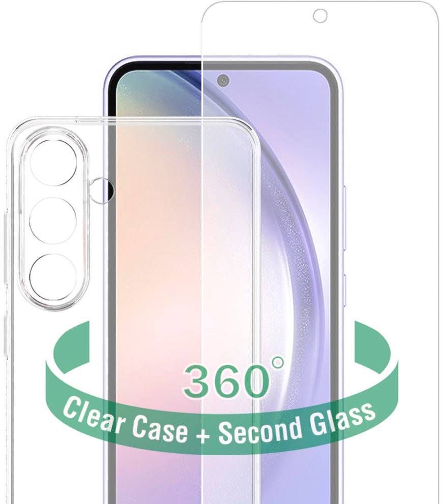 Telefoncover og skærmbeskytter sæt vist på en smartphone, mærket '360° Clear Case + Second Glass'.
