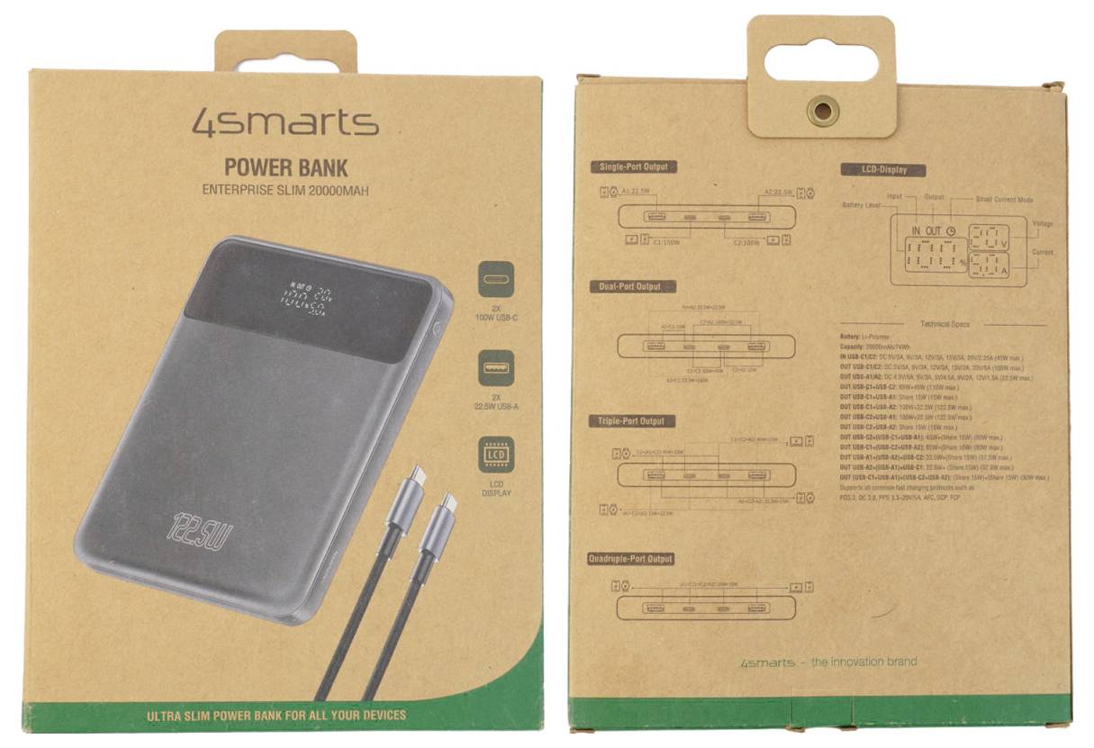 4smarts Enterprise Slim 10000mAh strømbank emballage, der viser forsiden med produktbillede og bagsiden med specifikationer og opladningsdiagrammer.