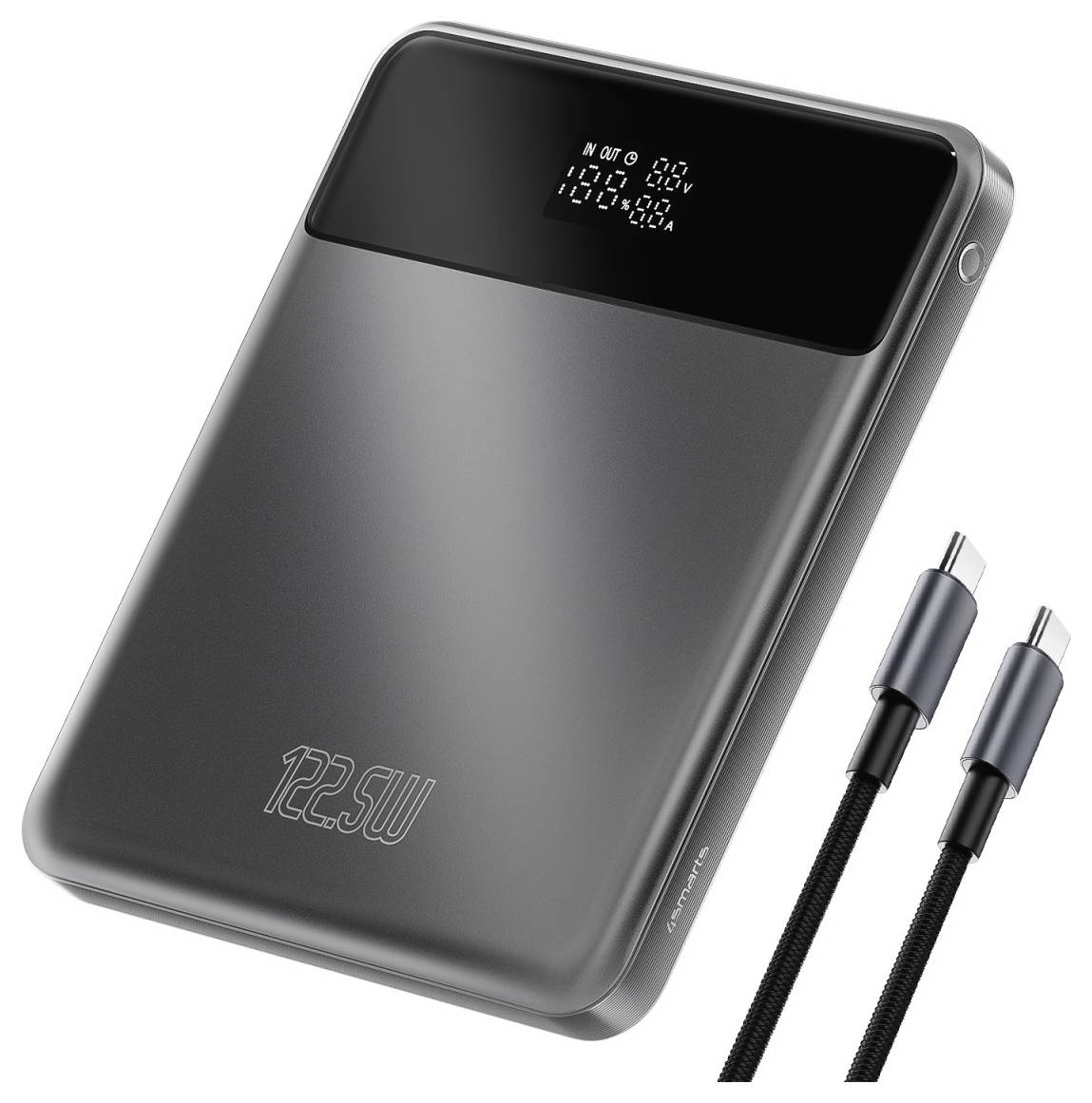 Bærbar sort 22,5W powerbank med digital batteriindikator, vist med to USB-C-opladningskaber.