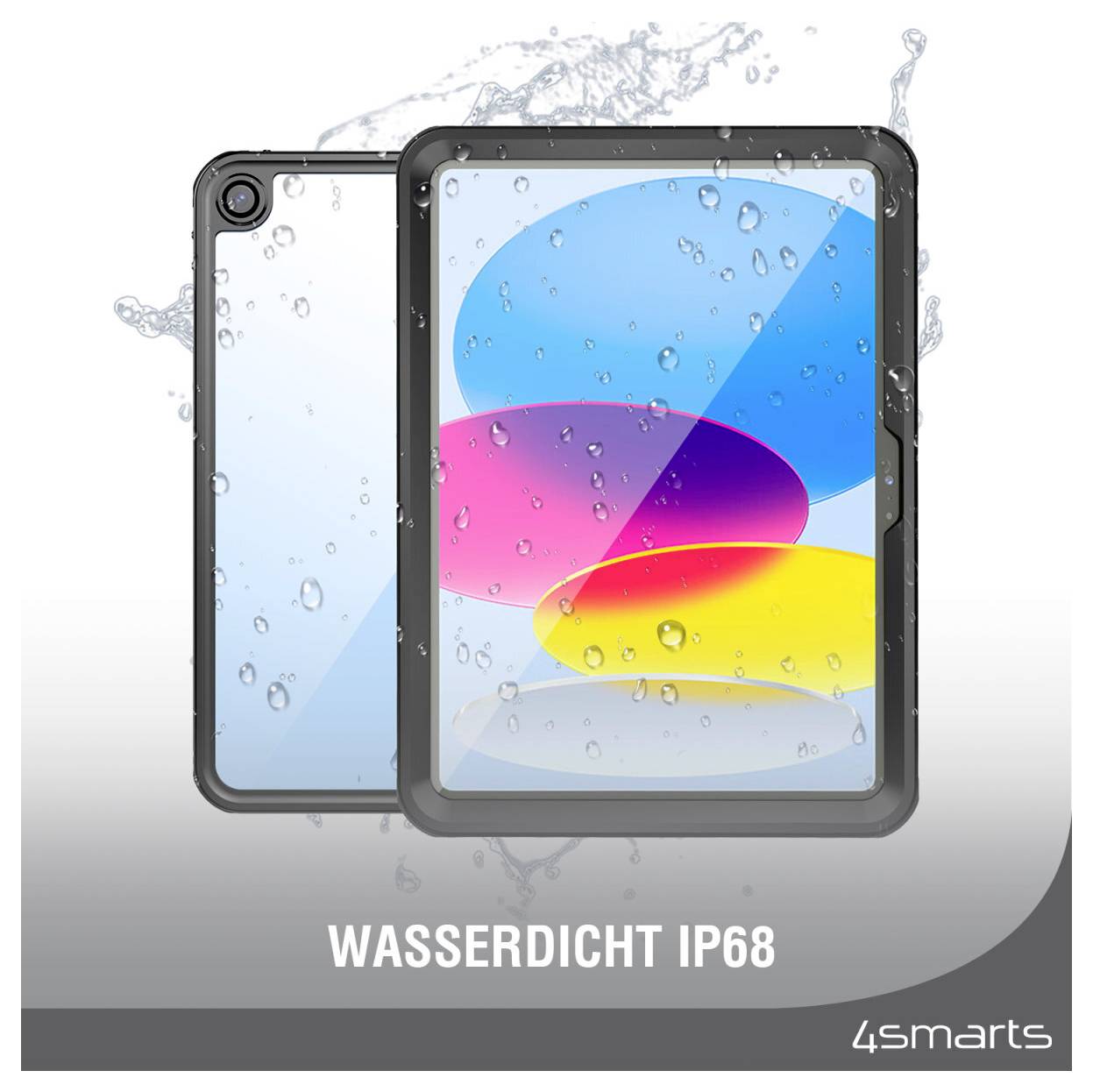 To rugged tablet cases vist med vandsprøjt, mærket 'WASSERDICHT IP68' og '4smarts', der indikerer vandtæt beskyttelse.