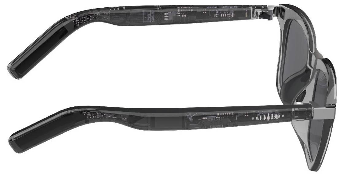 Sort solbriller med indfattning omkring ørerne vist i profilbillede, med mørke linser og tykke blanke stellinger.