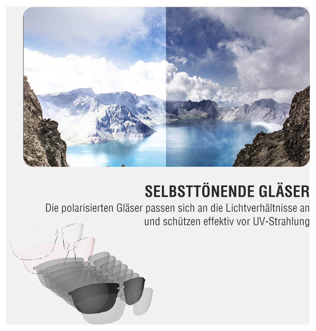 SELVFARVENDE GLAS<br><br>Polariserede linser tilpasser sig til lys og beskytter mod UV-stråler.