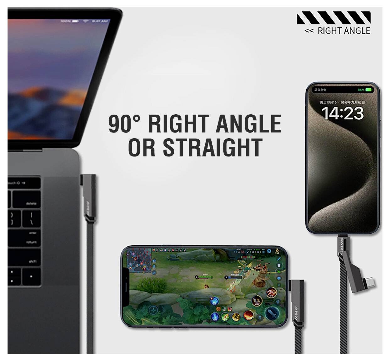 Annonce for et kabel med 90-graders retvinklet eller lige stik, der vises oplade en bærbar computer, telefon og en gamingtelefon.