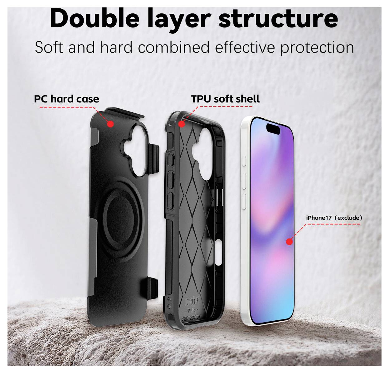 Promotionelt grafik viser et to-lags telefonetui: PC-hårdt etui og TPU-blød skal med MagSafe-ring ved siden af en iPhone 17.