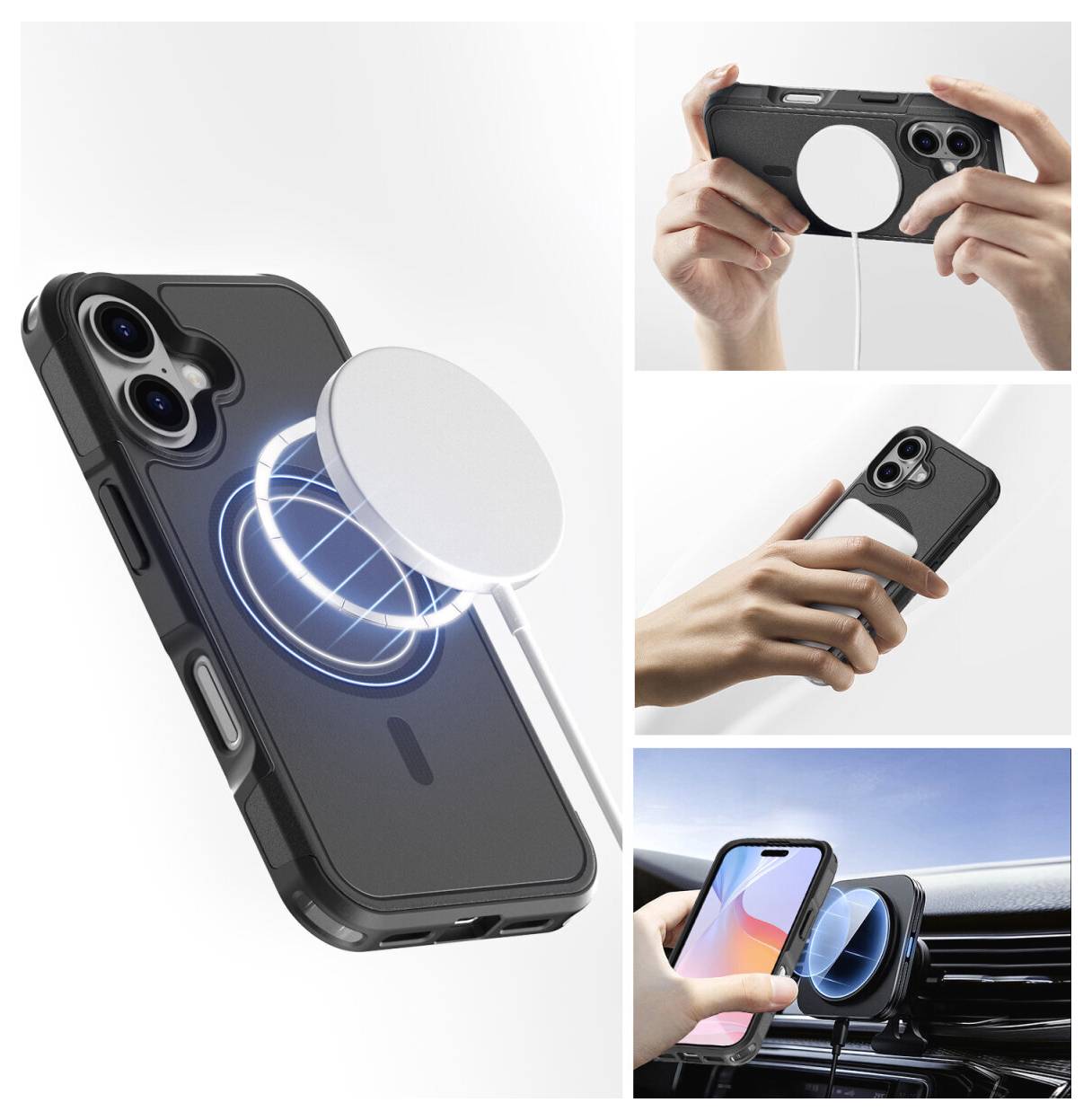Magnetisk trådløs opladning telefonholder vist på en smartphoneetui, med hænder der fastgør og bruger den i en bilventilholder.