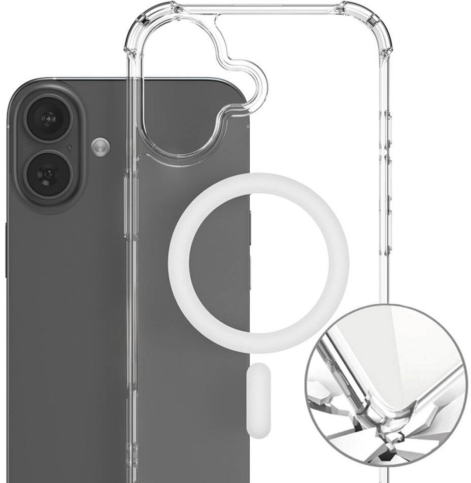 Klar beskyttelsestelefonetuiet med MagSafe-ring, vist over en smartphone for at fremhæve kameraudskæring og forstærket hjørnebeskyttelse.