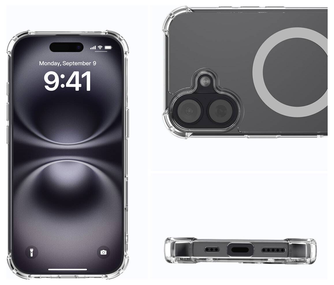 Tre visninger af en smartphone med klar etui: forsiden viser låseskærm, bagsiden med dobbelt kamera og MagSafe-cirkel, og bundkanten med porte.