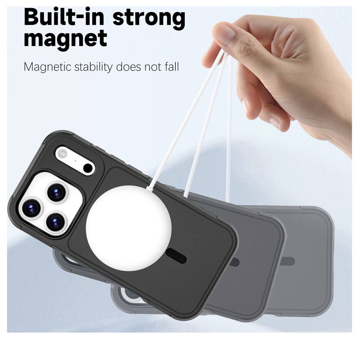 Reklamebillede af et magnetisk telefonetui holdt af en hånd, med teksten "Indbygget stærk magnet" og "Magnetisk stabilitet falder ikke".