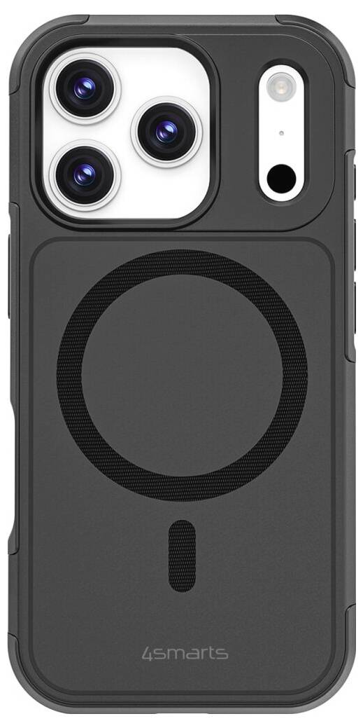 Sort smartphone-cover med indbygget cirkulært magnetisk ring og kamerastik, vist fra forsiden på hvid baggrund.