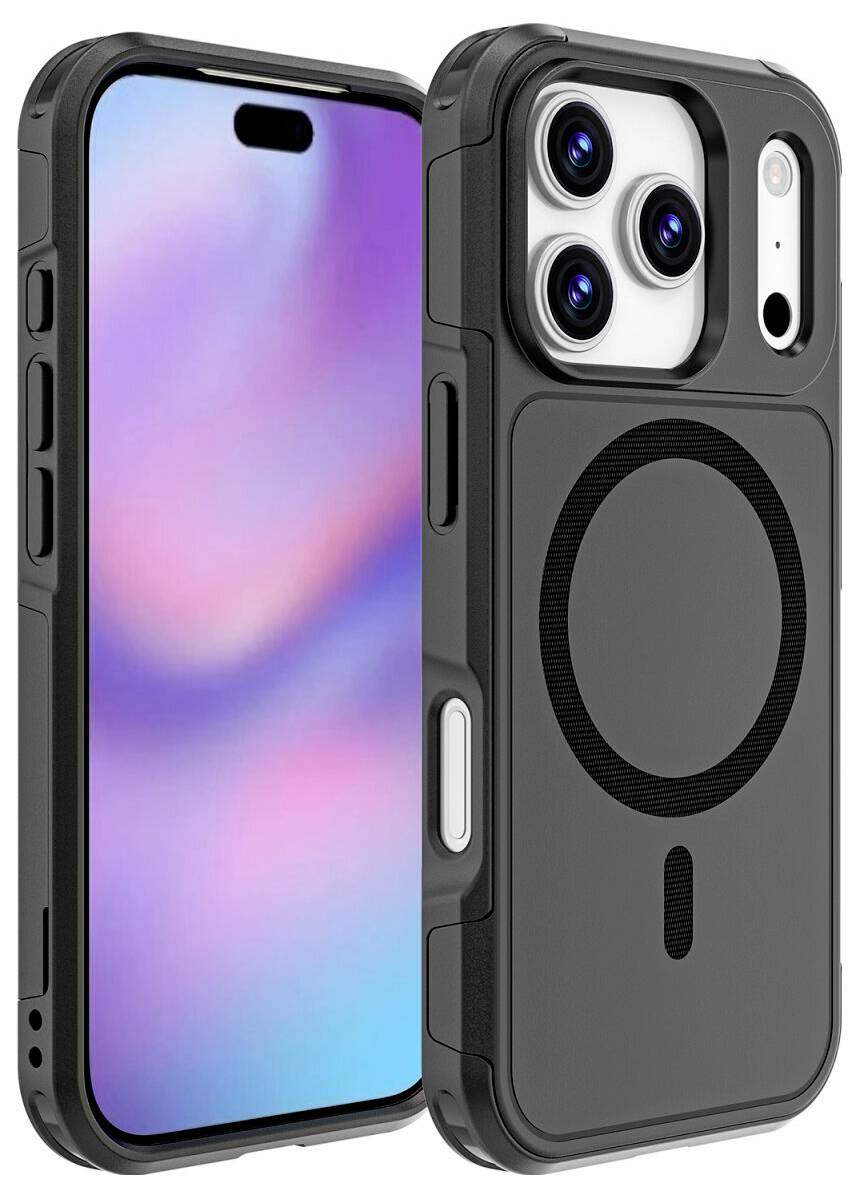 Sort beskyttende smartphonecover vist forfra og bagfra, med erhøjet kameraudskæring og cirkulær MagSafe-lignende ring på bagsiden.