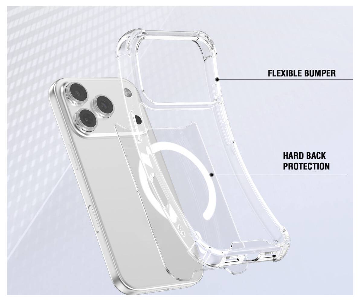 Klart telefonetui diagram, der viser en fleksibel stoddæmper og hård ryggbeskyttelse på en smartphone.