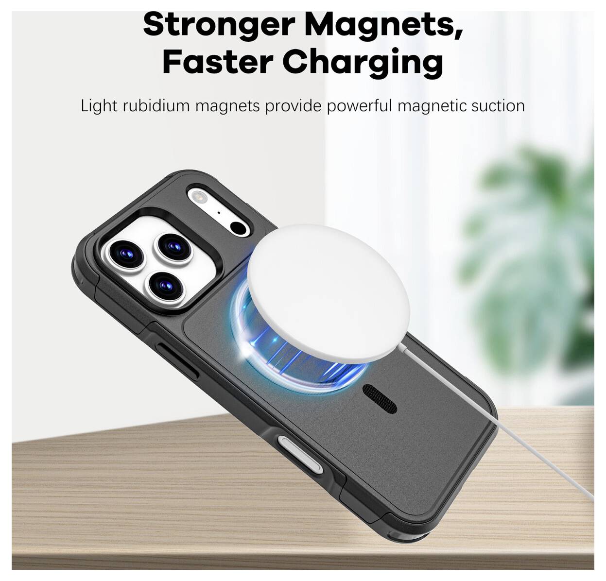 Promobillede af et telefoncover med en magnetisk trådløs oplader tilkoblet, der viser teksten "Stærkere magneter, hurtigere opladning" og "Lette rubidium-magneter giver kraftig magnetisk suction".