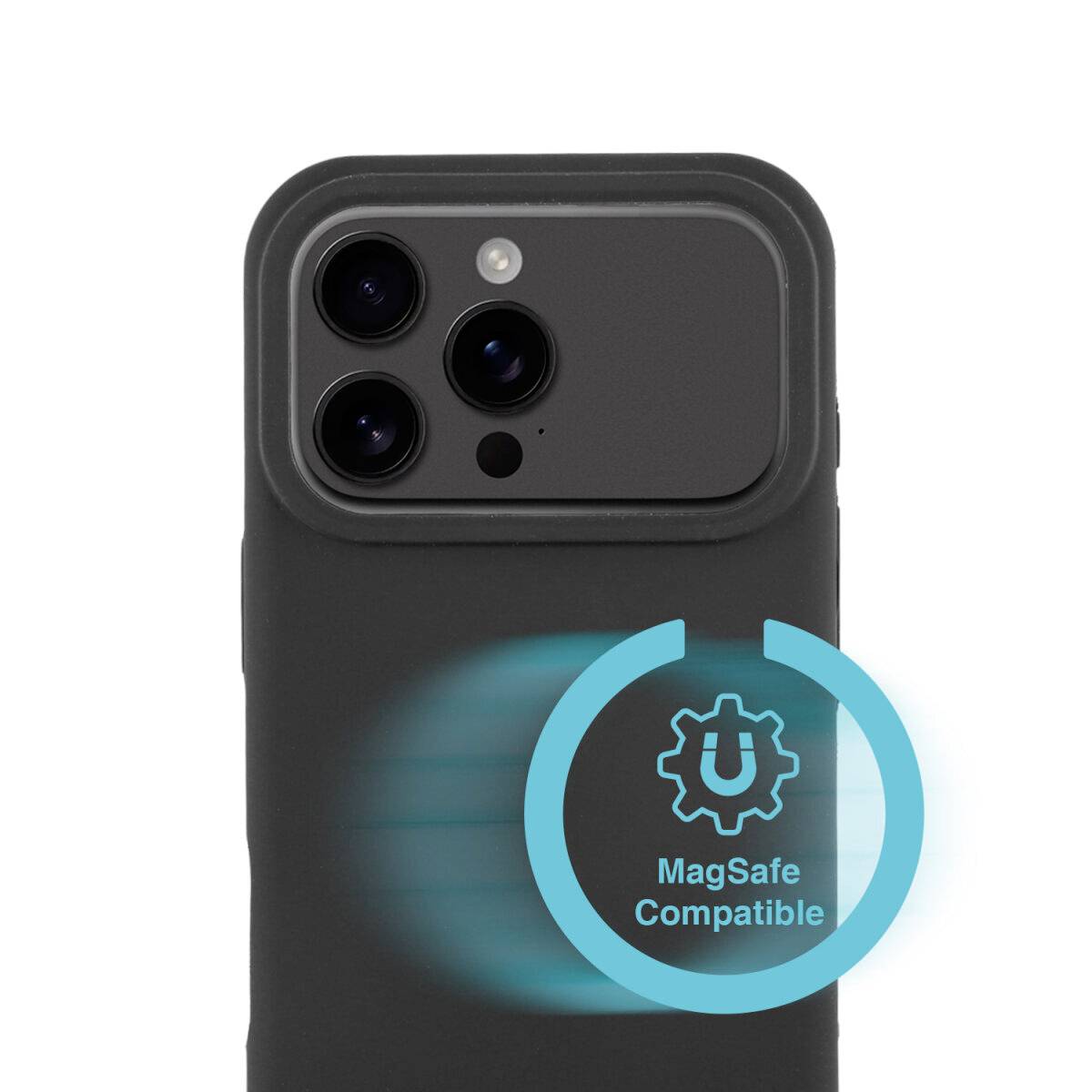 Sort iPhone-etui med forhøjet kamerabeskyttelse og et 'MagSafe Compatible'-logo på bagsiden.